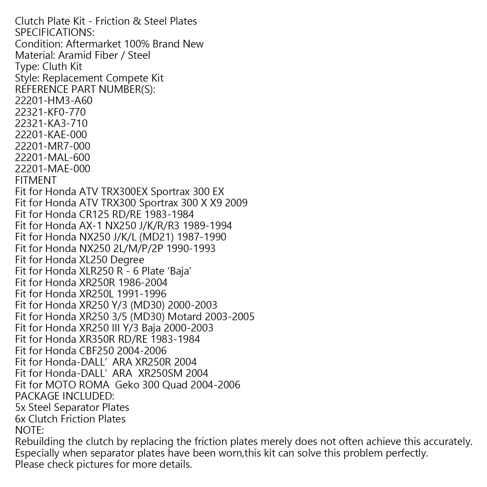 Kopplingssats stål & Friktionsplattor passar för Honda TRX300 CBF250 NX/XL250 XLR250 Generic