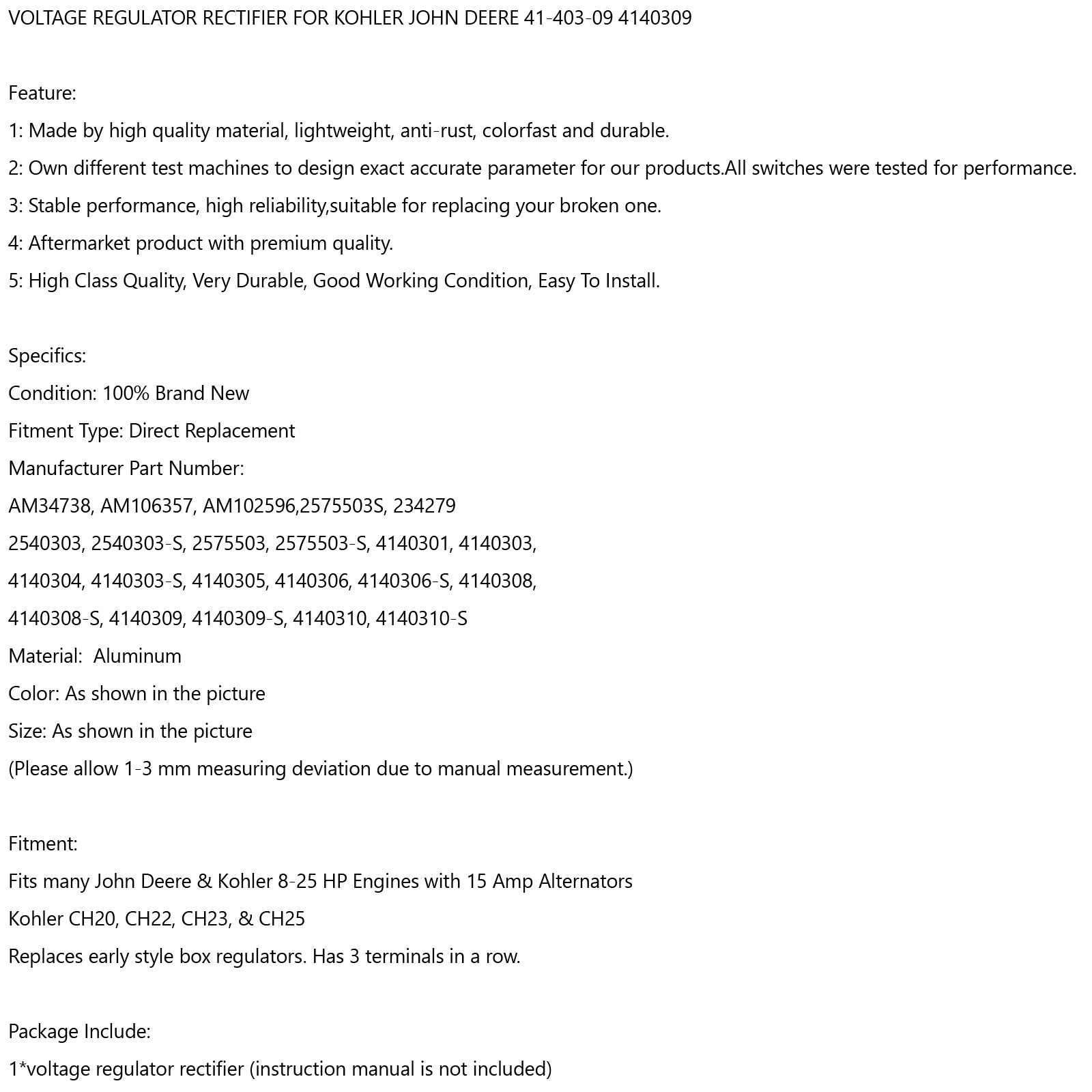 Spanningsregelaar gelijkrichter voor Kohler John Deere 41-403-09 4140309