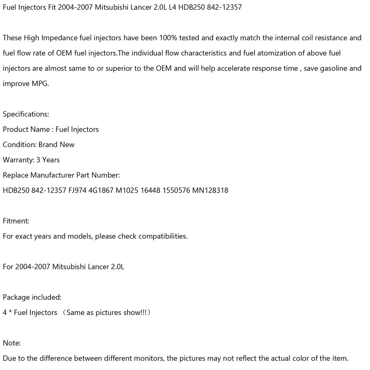 4pcs drivstoffinjektorer passform 2004-2007 Mitsubishi Lancer 2.0L L4 HDB250 generisk