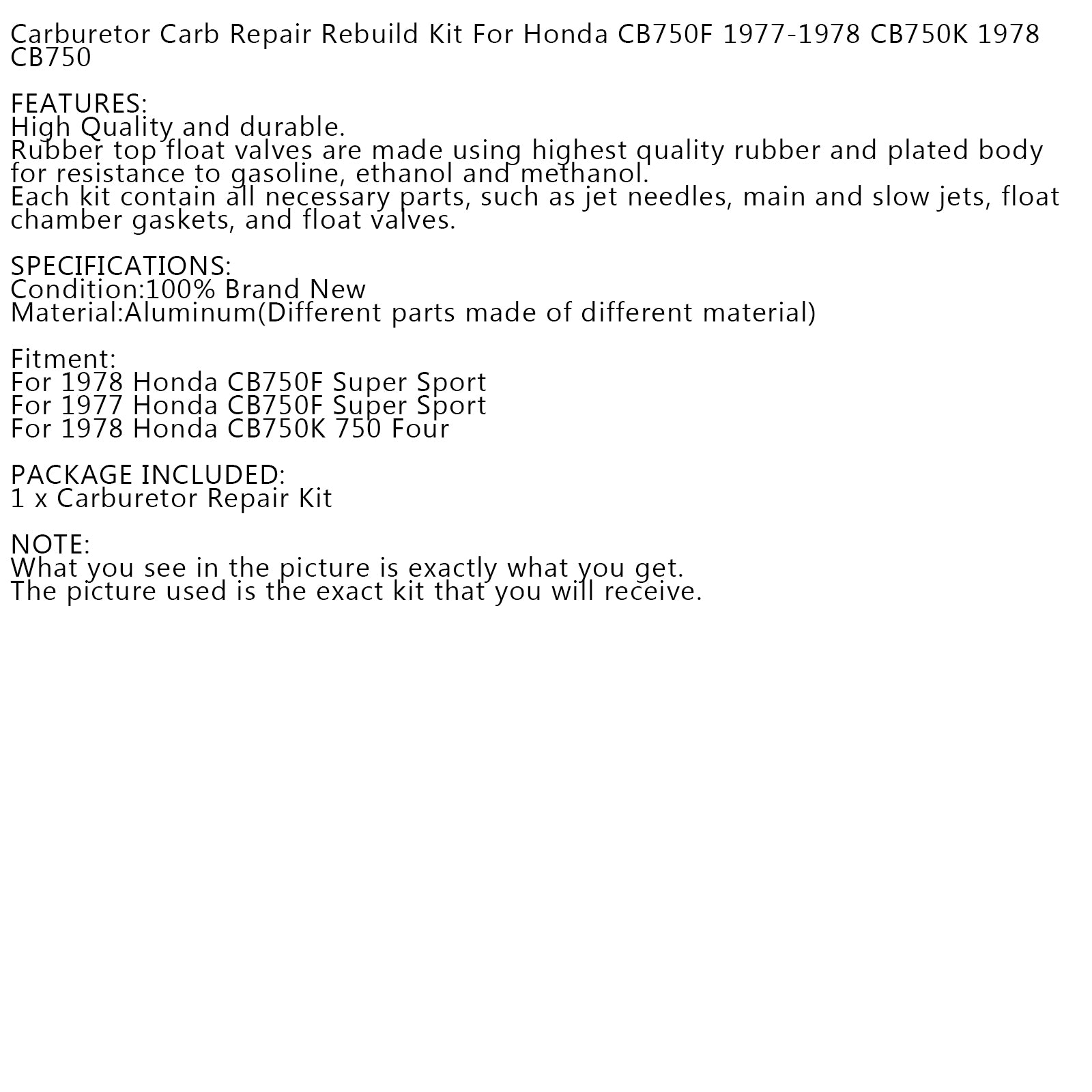 Carburetor Carb Repair Rebuild Kit pre Honda CB750F 1977-1978 CB750K 1978 CB750