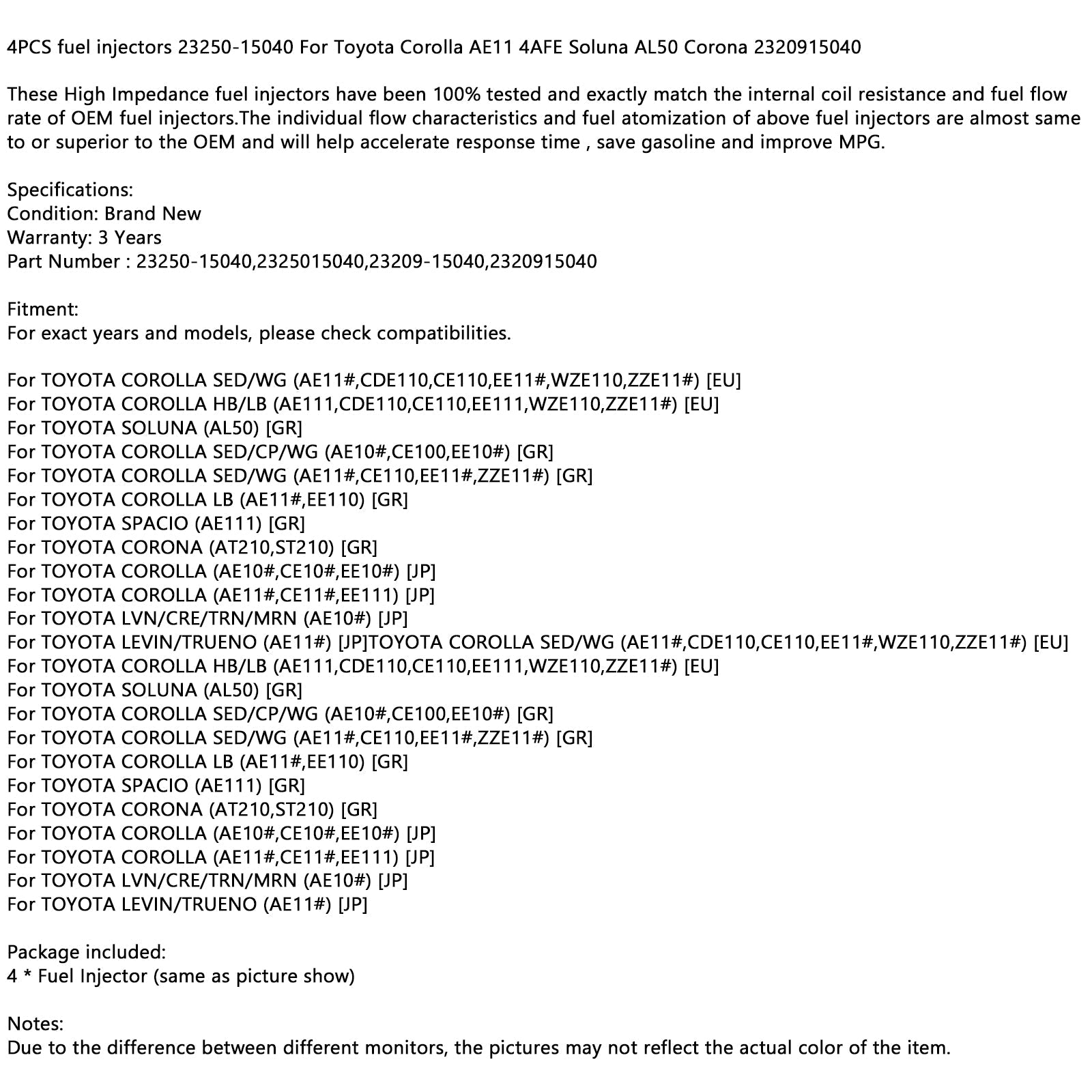 Ensemble de 4 injecteurs de carburant 23250-15040 pour Toyota Corolla AE11 4afe Soluna Al50 Corona Generic