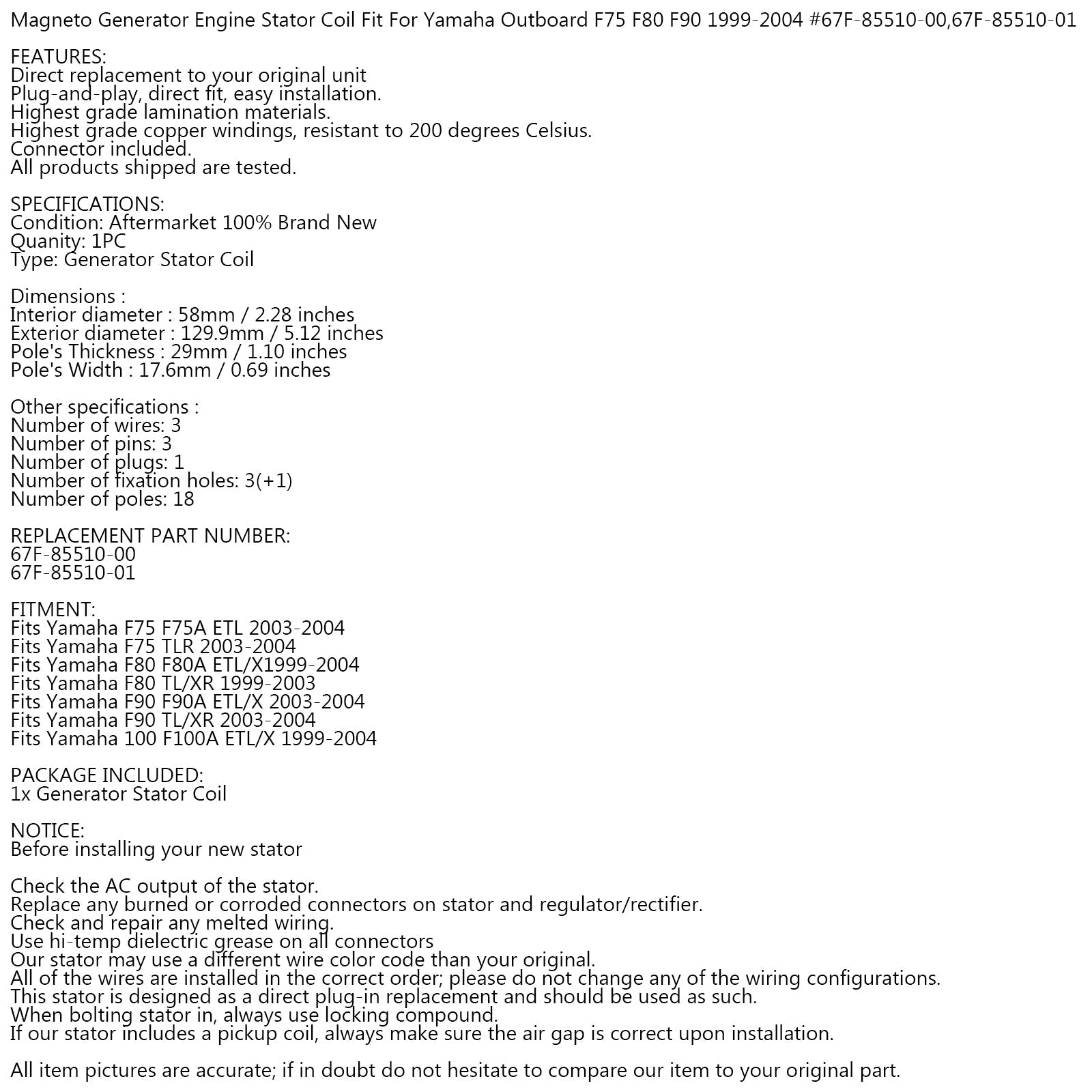 STATOR GENERATOR DYNAMO voor Yamaha F75 F80 F90 F100 4-takt buitenboordmotor 99-04
