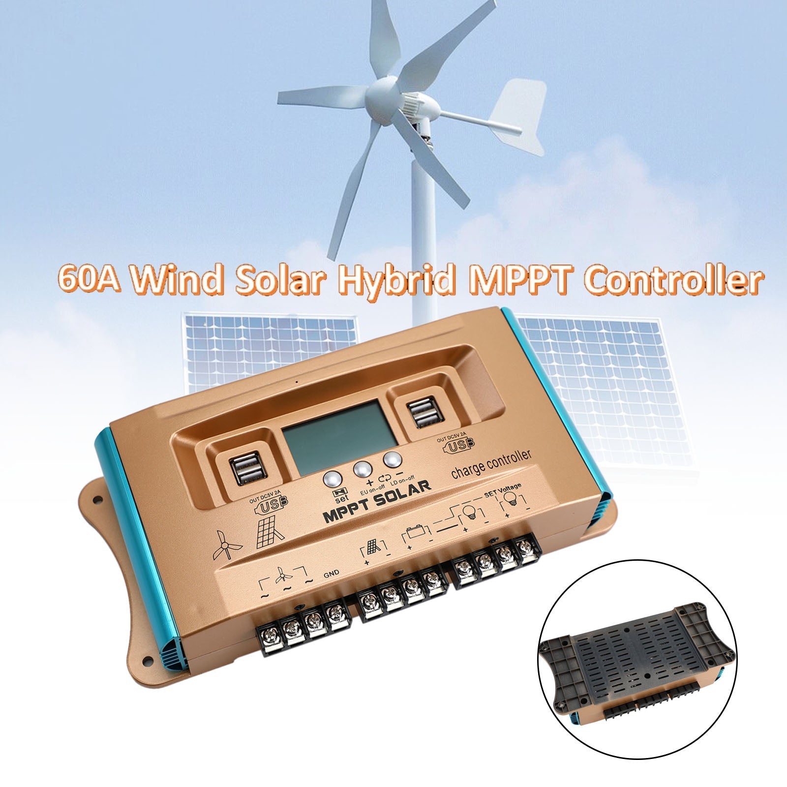 60A MPPT Auto Dual USB Wind Solar Hybrid Charge Controller Charger 12V-60V