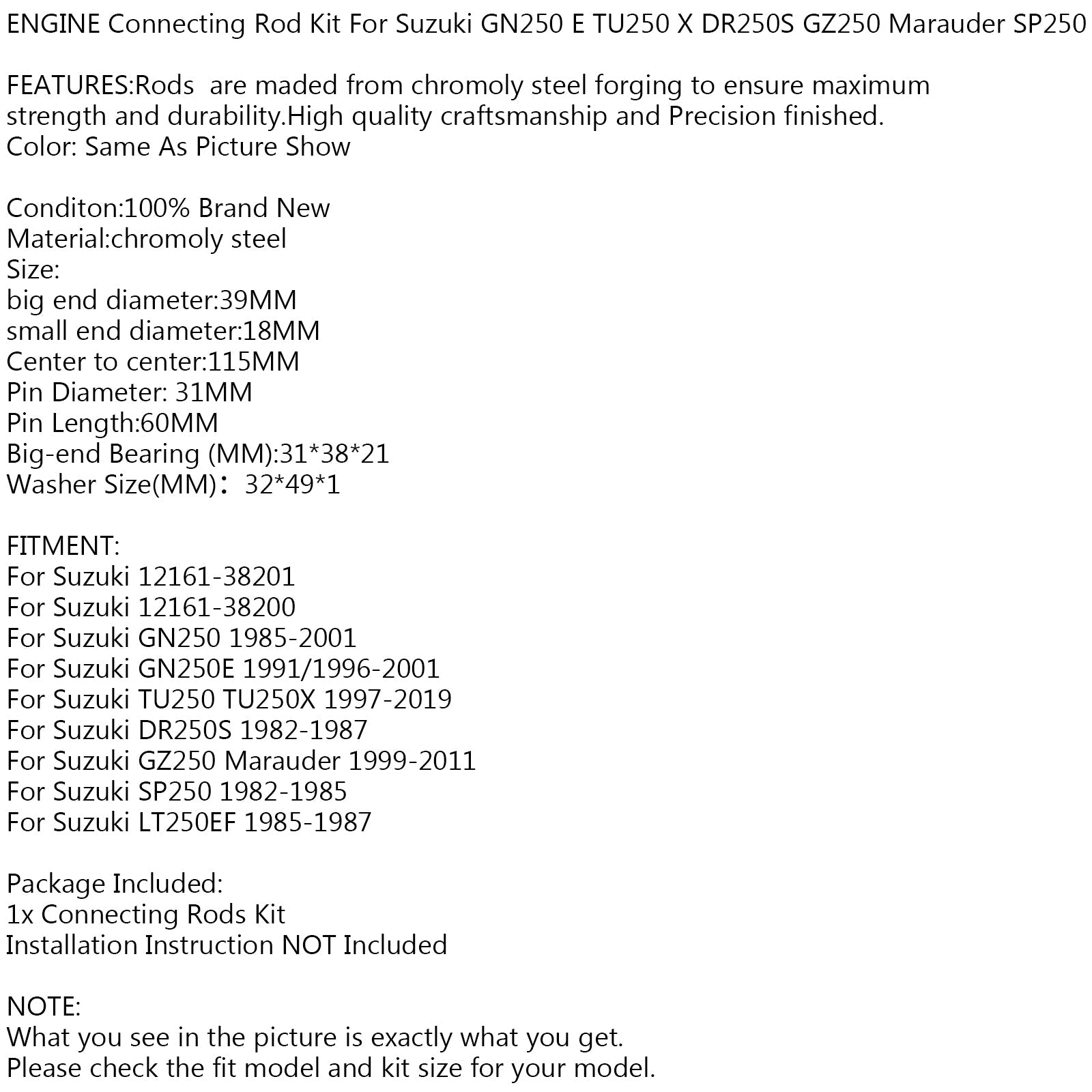 Motor veivkoblingssett for Suzuki 12161-38201 GN DR TU GZ SP LT 250 EF Generic