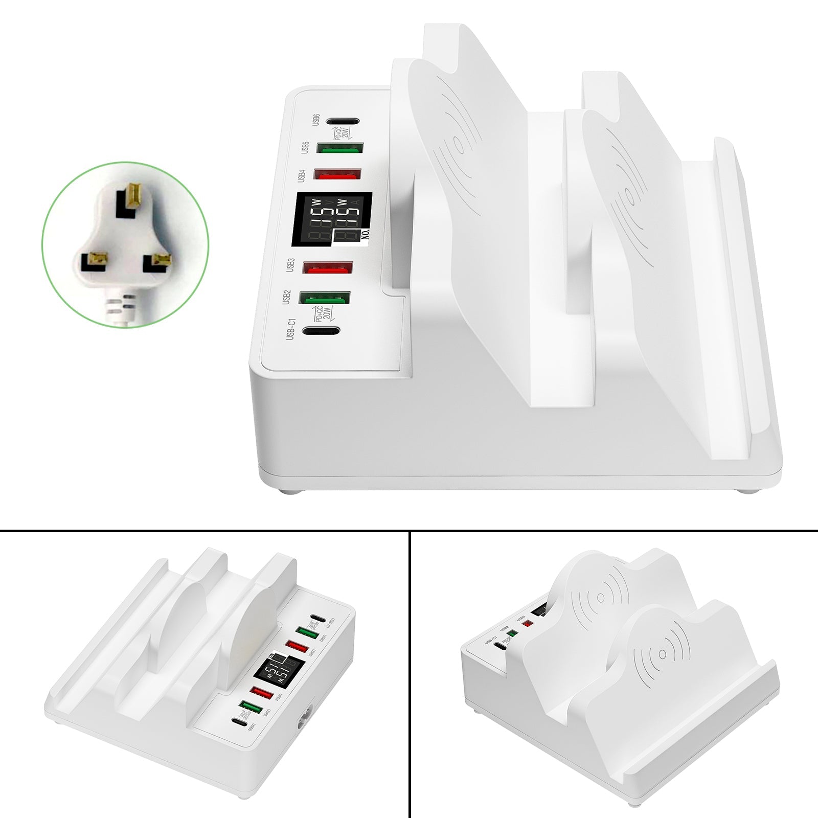 Dual Wireless Charging Station Dock USB 6 Port Multi Charger Holder UK Plug