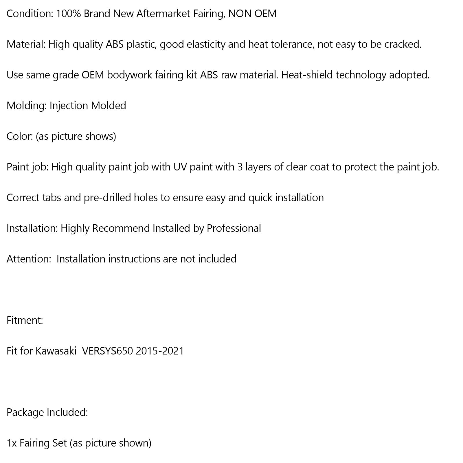 Kit de carénage Kawasaki VERSYS650 2015-2021, carrosserie en plastique ABS