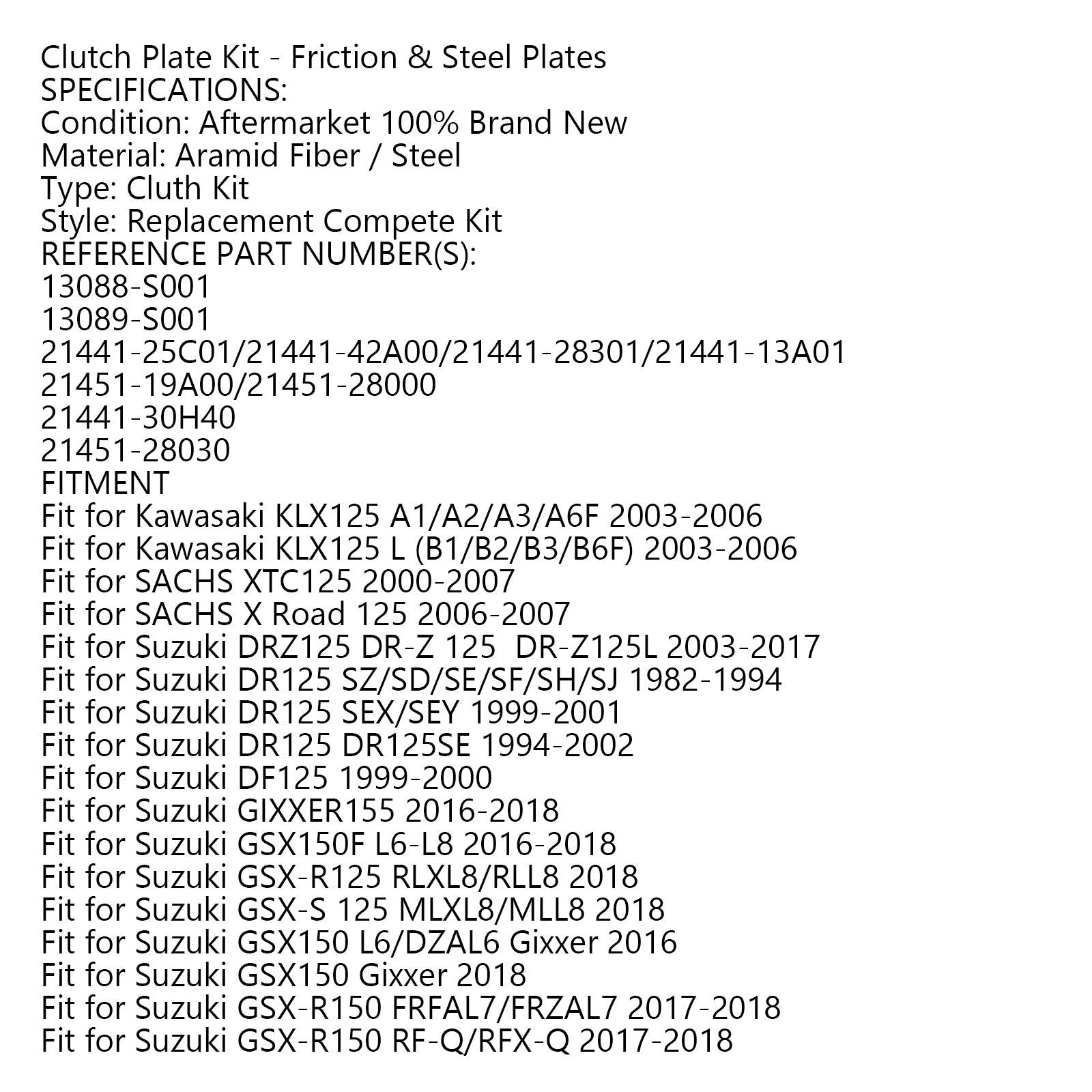 Kopplingssats stål & Friktionsplattor passar för Kawasaki KLX125 Suzuki GN125 GSX-R150 Generisk