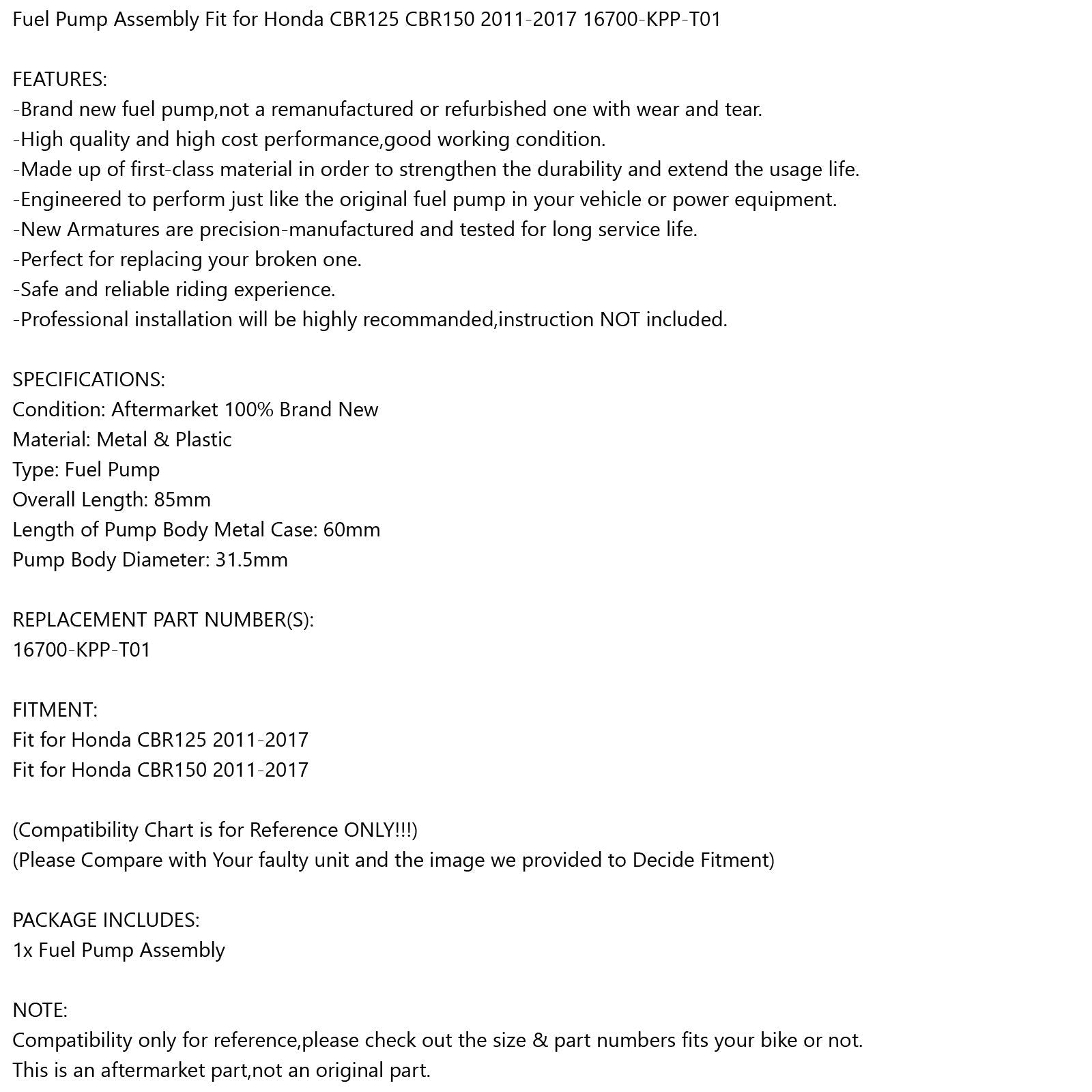 Drivstoffpumpesamling Fit for Honda CBR125 CBR150 2011-2017 16700-KPP-T01 generisk