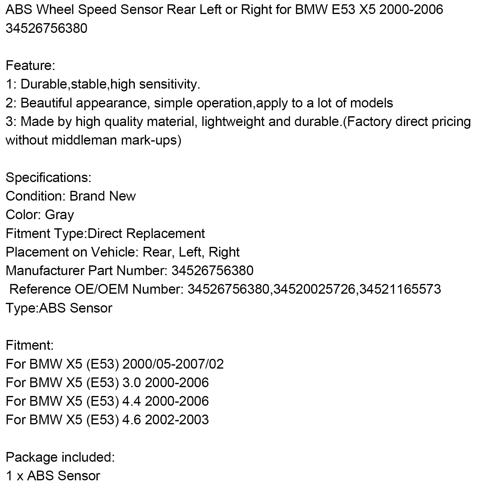 Sensor de velocidade da roda ABS traseira esquerda ou direita para BMW E53 X5 2000-2006 34526756380