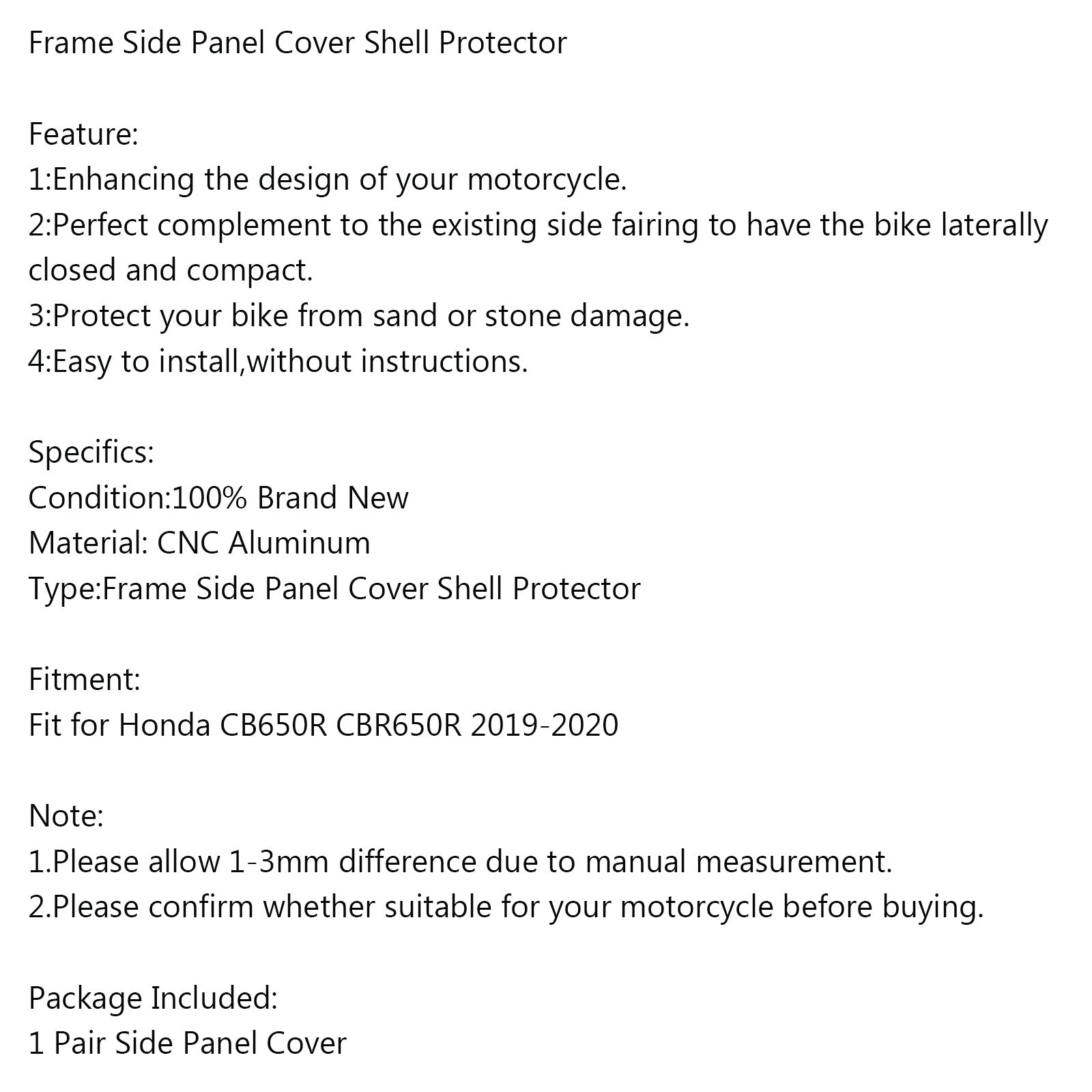 Motorcykelram sidopanel täcker skalskydd passform för Honda CB650R 2019-2020 Generic