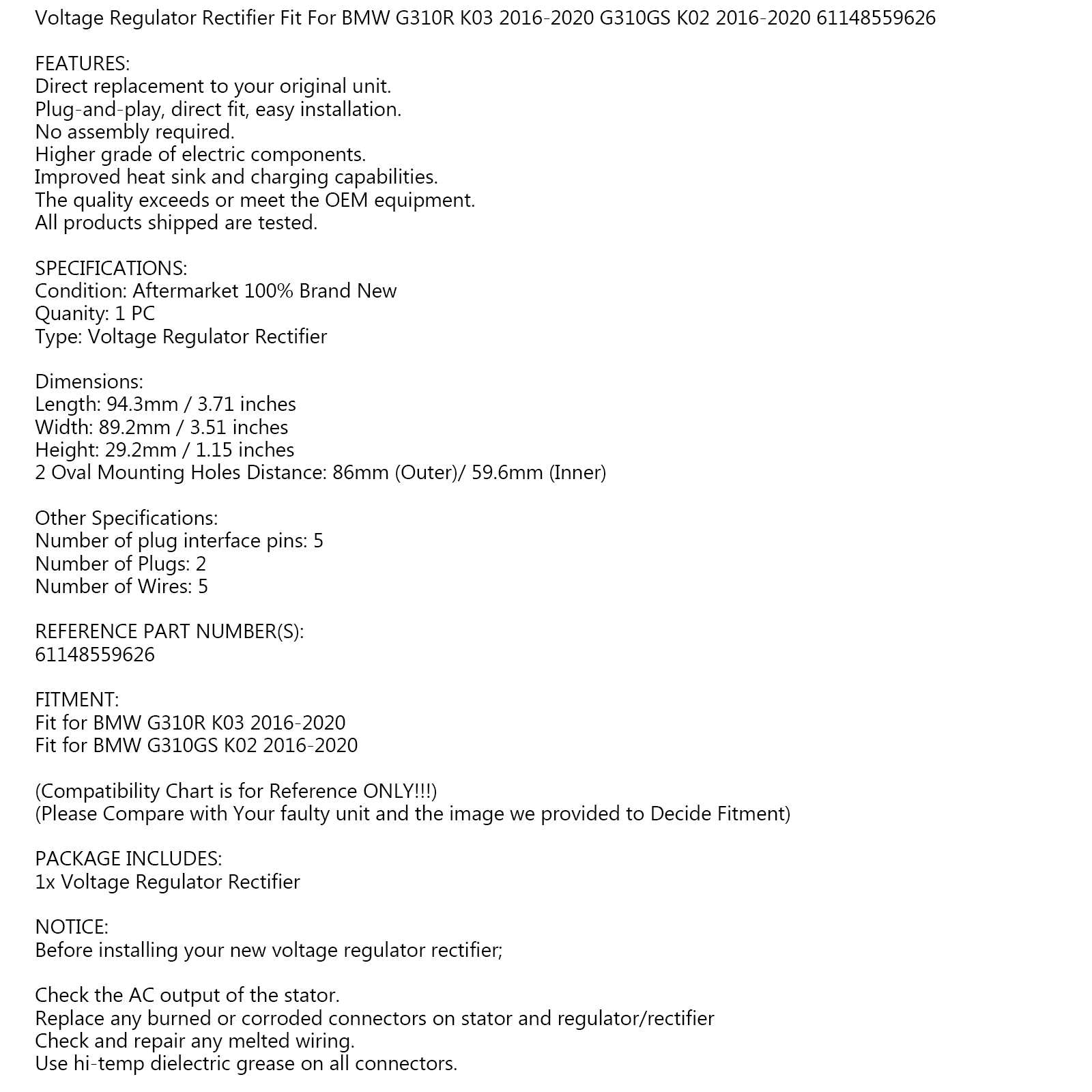 Spenningsregulator passer for BMW G310R K03/G310GS K02 2016-2020 61148559626