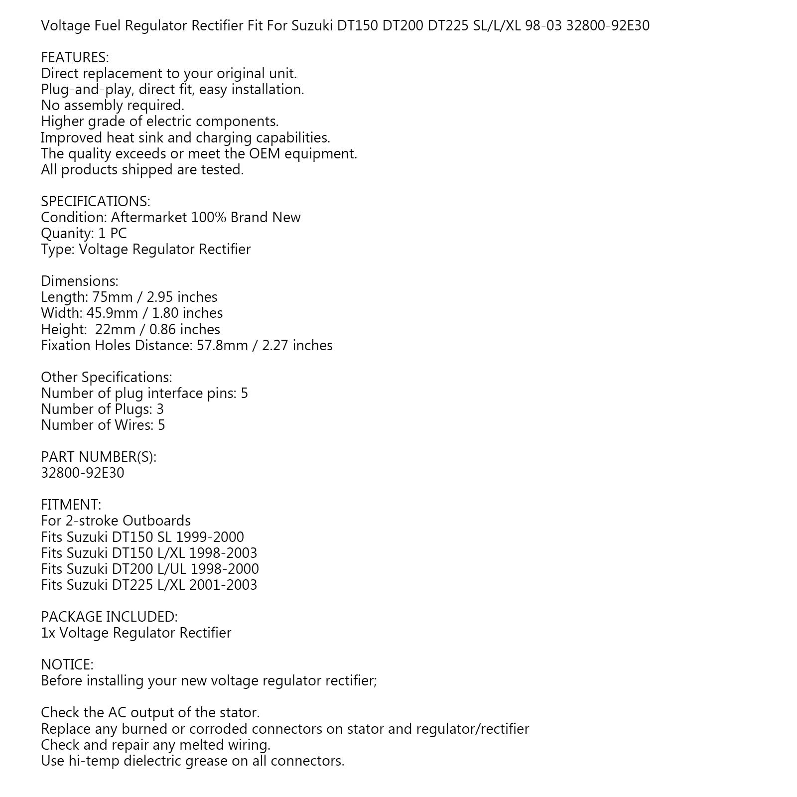 Regulador de bomba de combustible para Suzuki Marine 1998-2003 DT 150 200 225 HP fueraborda genérico
