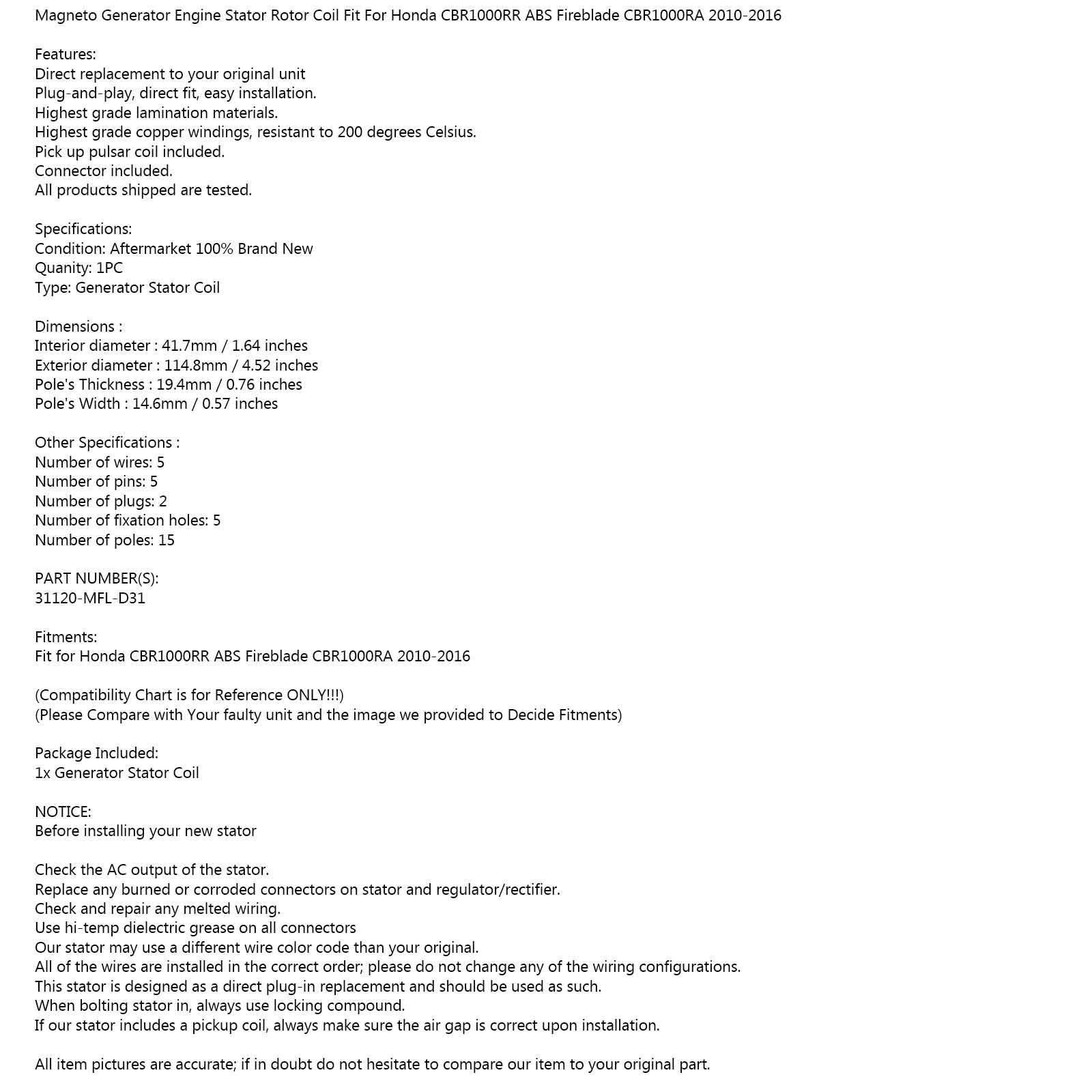 Areyourshop generatorstatorgenerator passer for Honda CBR 1000 RA Fireblade 2010 - 2016 generisk