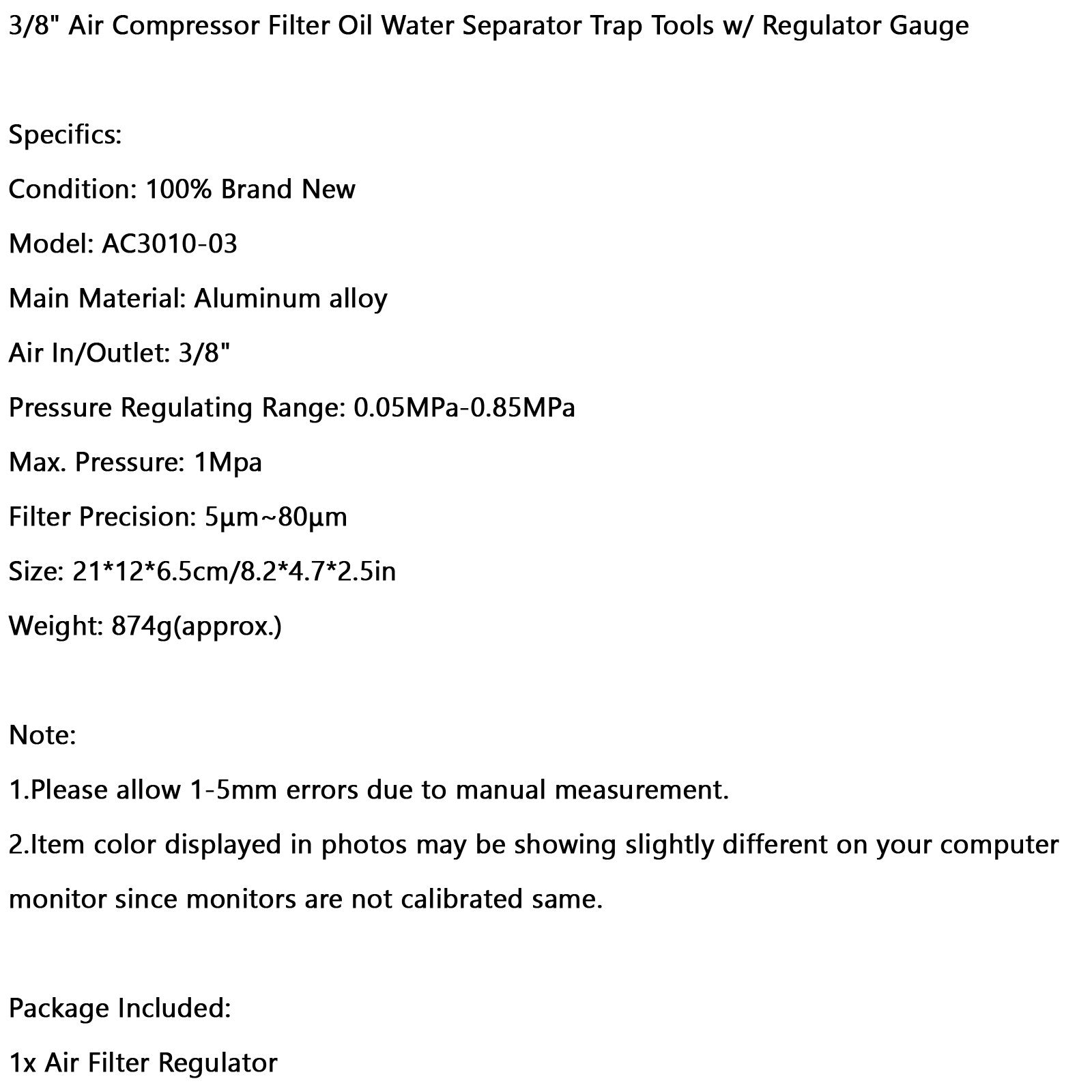 3/8" Filtre à air pour compresseur, séparateur d'huile et d'eau, outils de piège avec manomètre régulateur