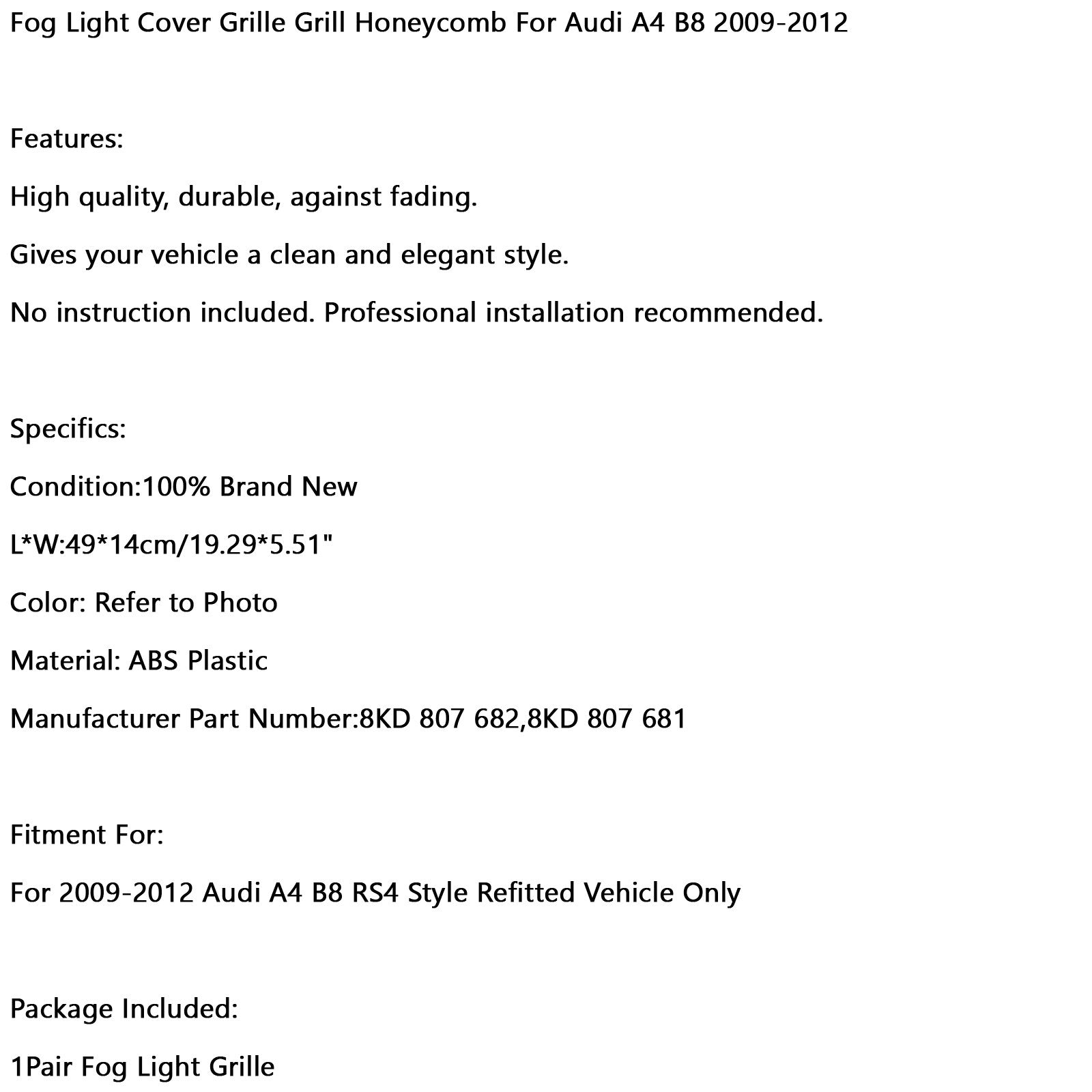 2009-2012 Audi A4 B8 Honeycomb Mesh Fog Light Open Vent Grill Príjem
