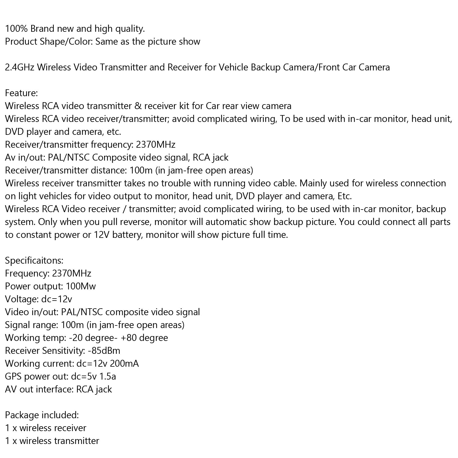 2,4 GHz draadloze videozender en ontvanger voor achteruitrijcamera/voorcamera