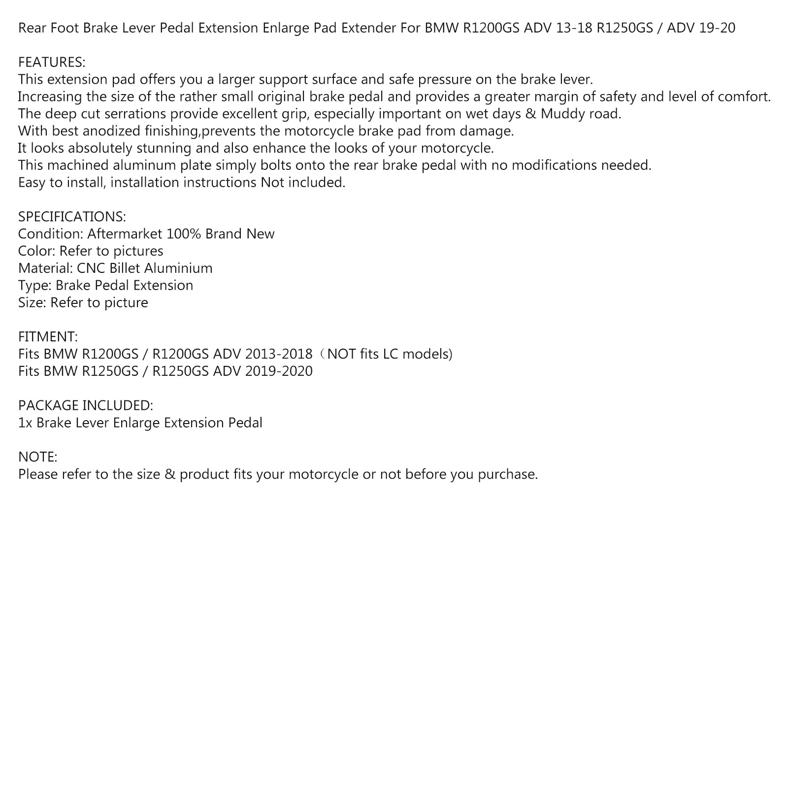 Enlarge Foot Brake Lever Extension for BMW R1200GS ADV 13-18 R 1200 GS ADV 14 Generic