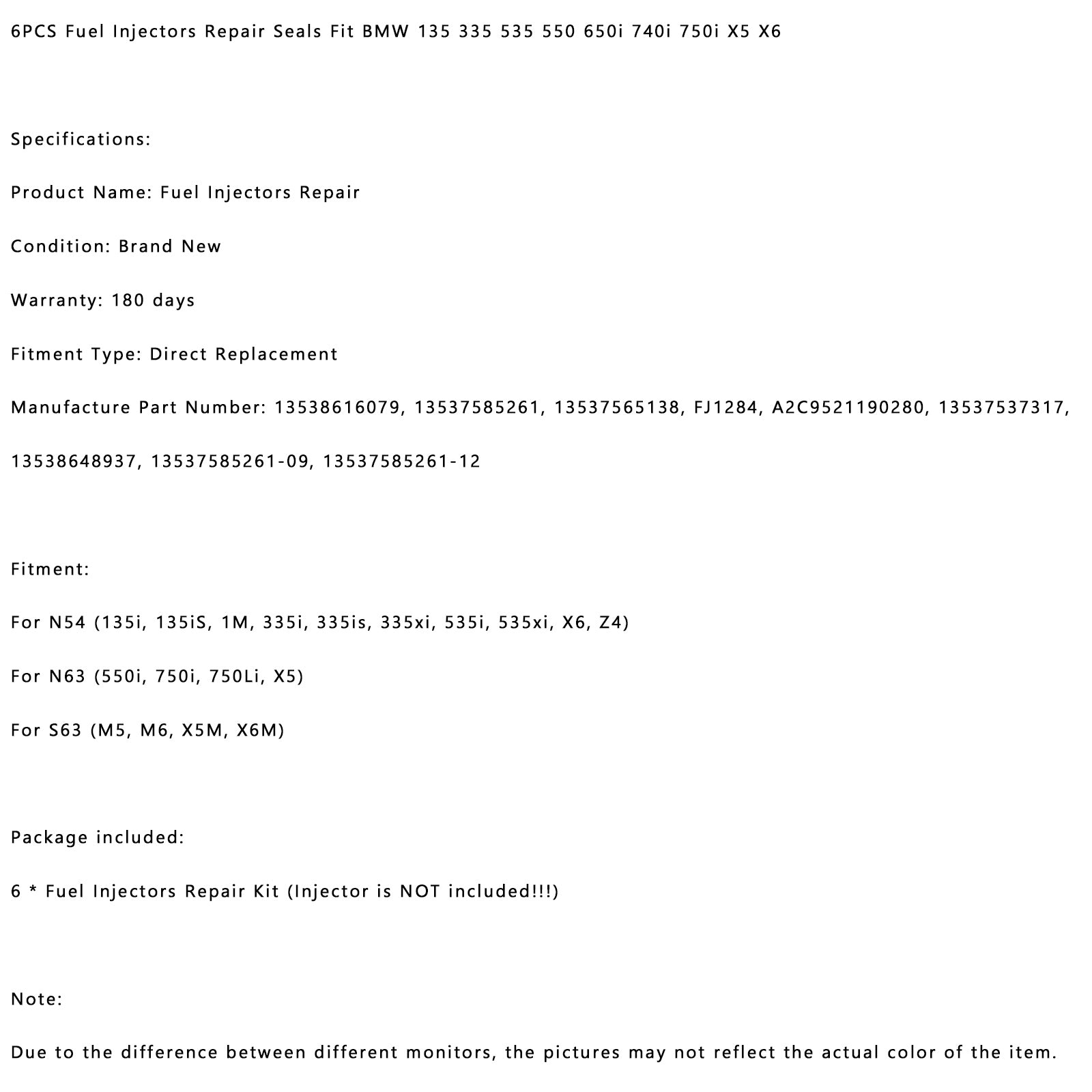 BMW 135 335 535 550 650i 740i 750i X5 X6 6 STKS Brandstofinjectoren Reparatie Zeehonden