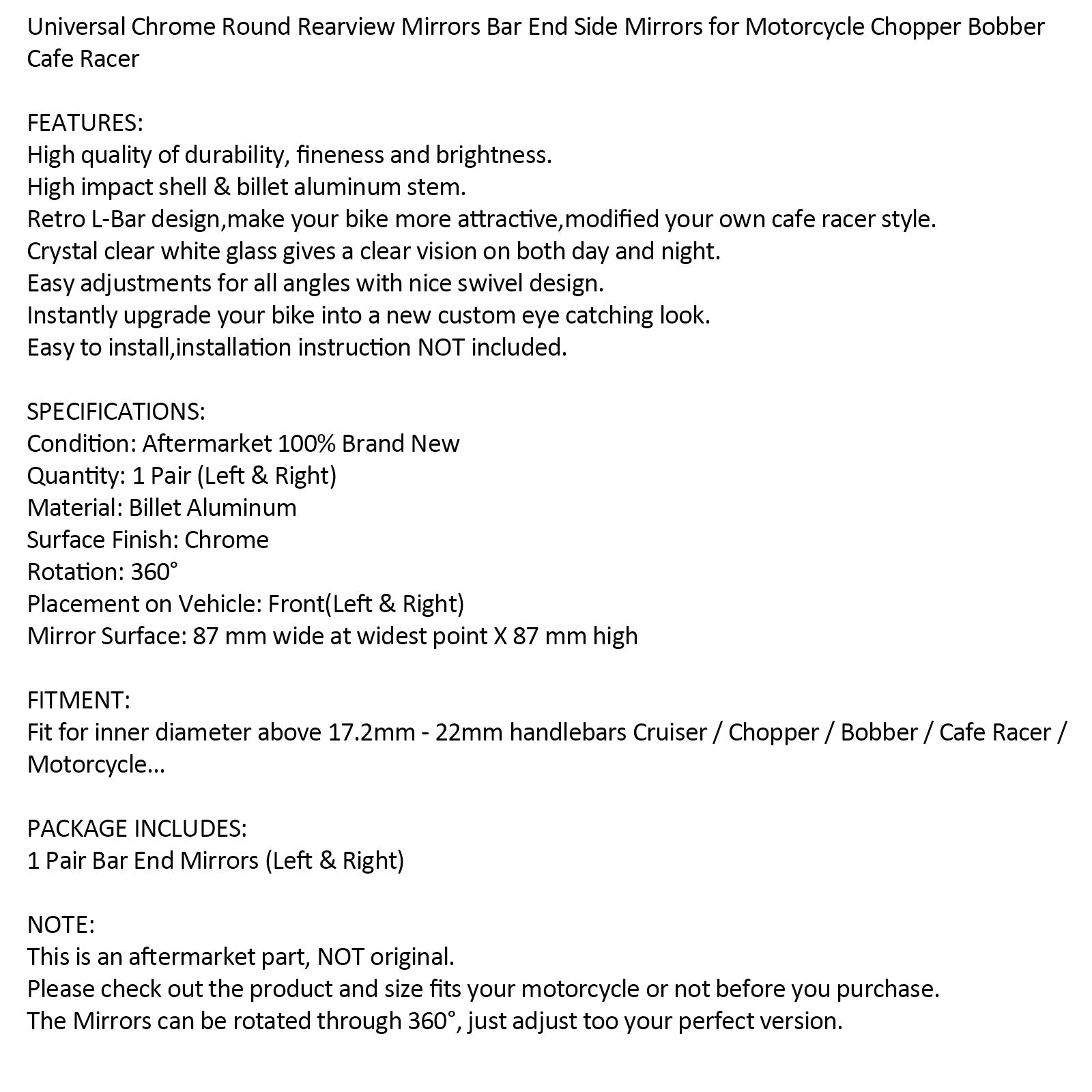 22mm Chrome styrespeil for motorsykkel Cafe Racer Old School Clubman Generic