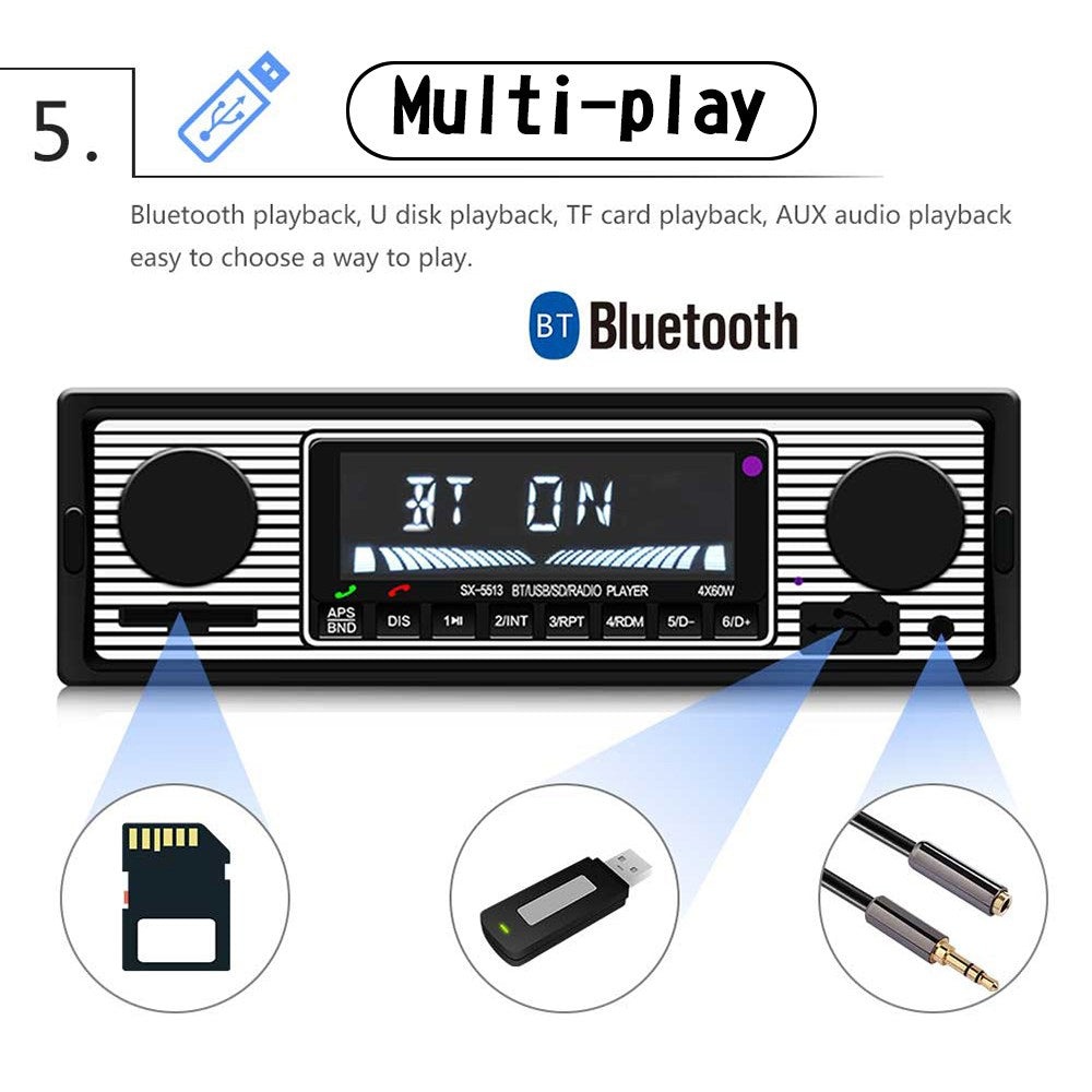 Bluetooth Vintage Car Mp3 Player FM Radio Aux Classic Stereo Audio mottaker USB