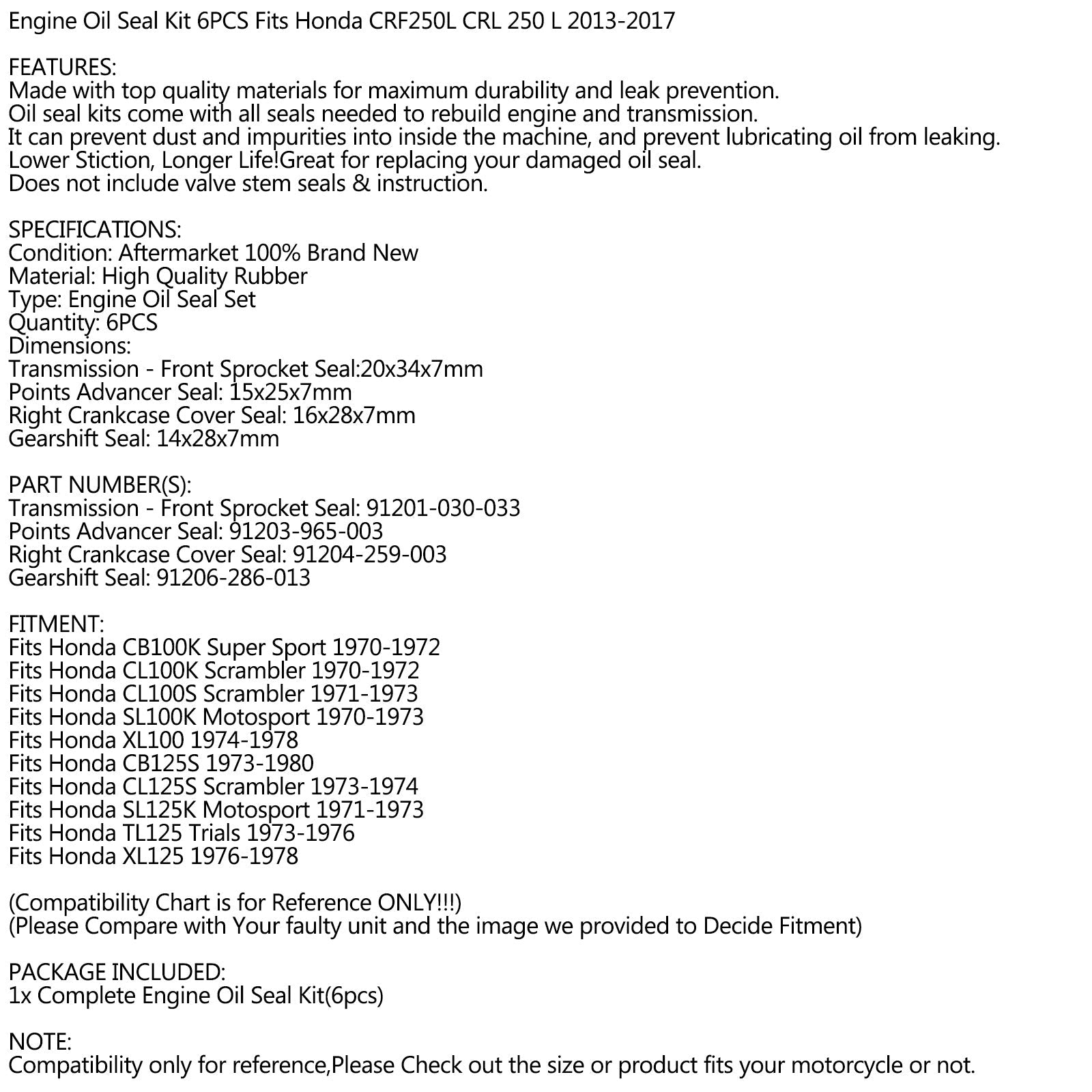 Motoroliekeerringenset 91201-030-033 6-delige afdichtingen voor Honda SL100K Motosport 1970-1973