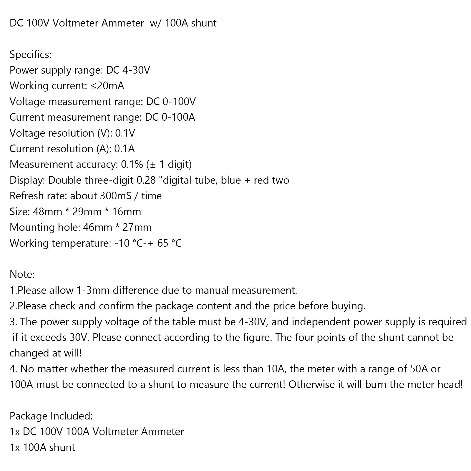 DC 100A 100V Digital Amp Volt Meter Voltmeter Ammeter Blue Red LED Current Shunt