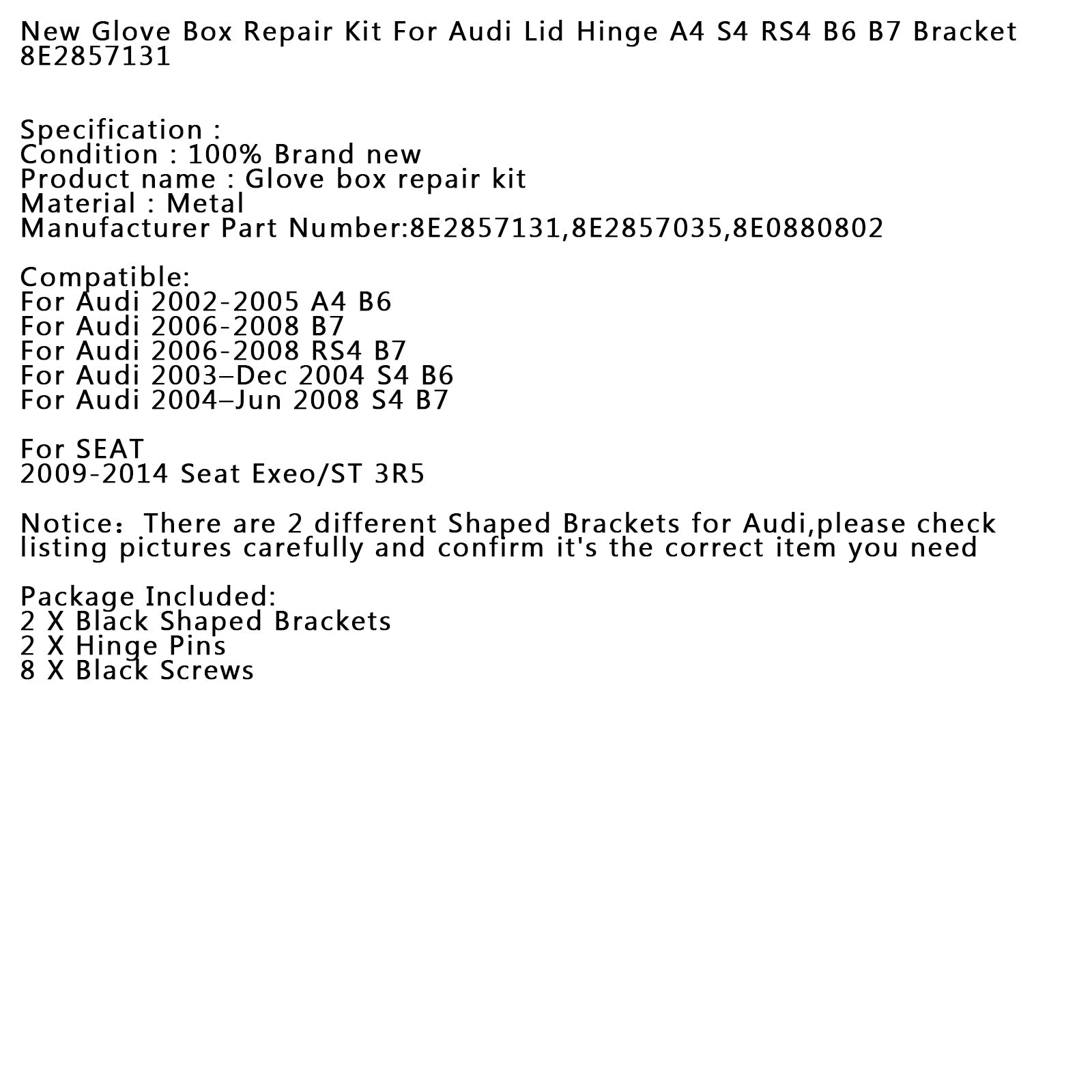 Ny hanskeboksreparasjonssett for audi lokk hengsel A4 S4 RS4 B6 B7 BRACKET 8E2857131 Generisk