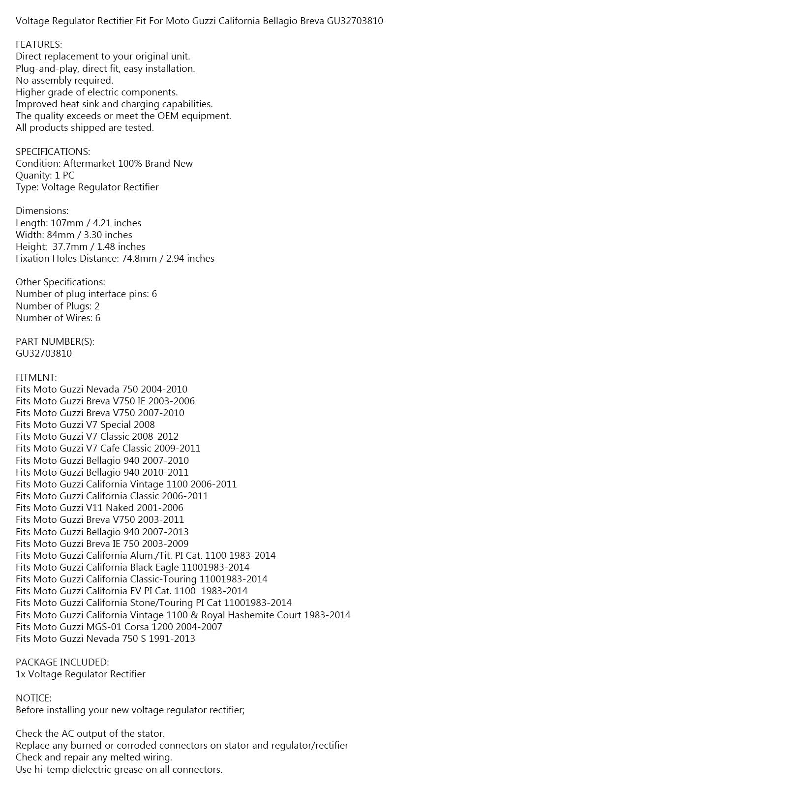 Tension du redresseur du régulateur pour Moto Guzzi California Bellagio 940 1983-2014 générique