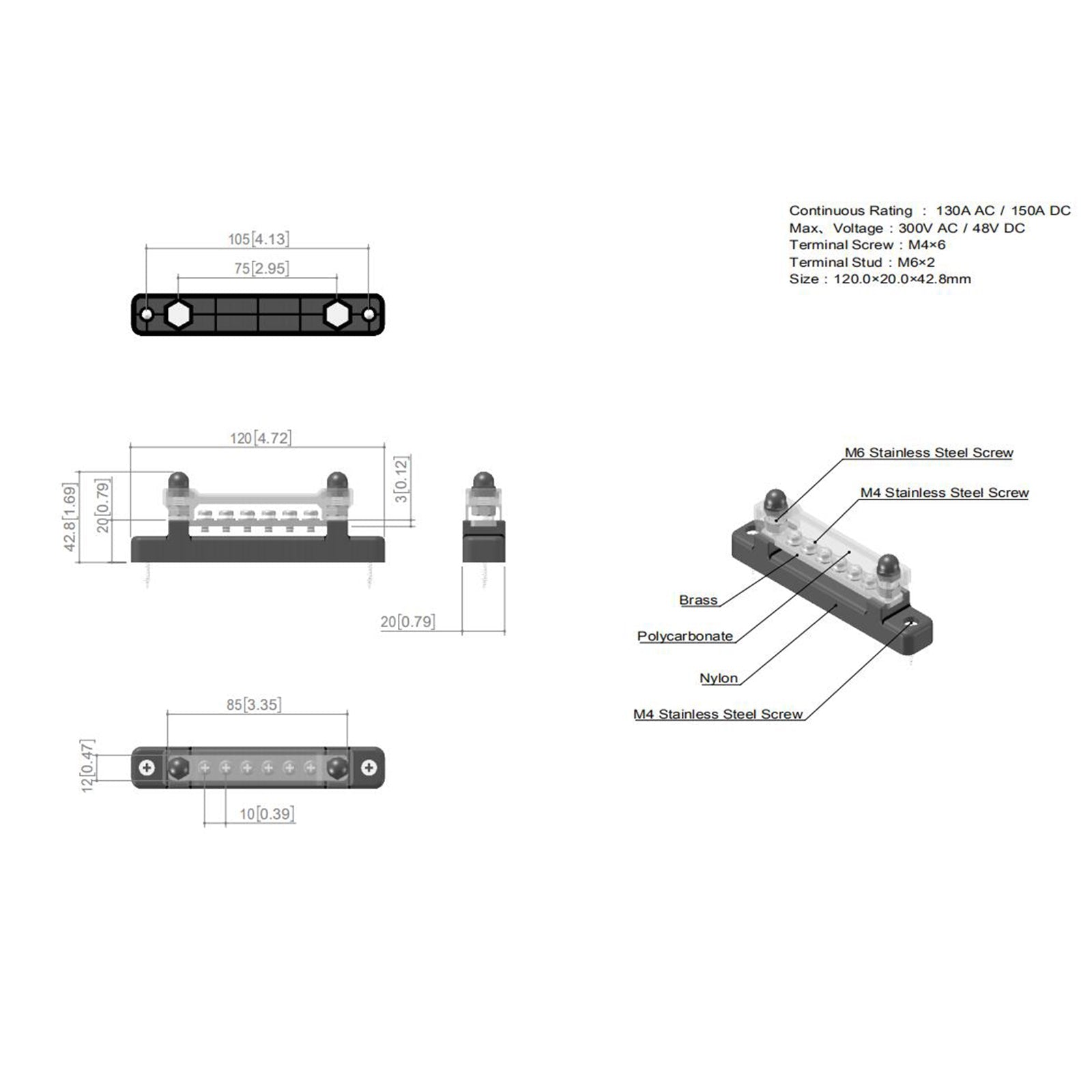 6-weg 150A distributie-aansluitblok auto-marine-boothouderafdekking 48V-busbar