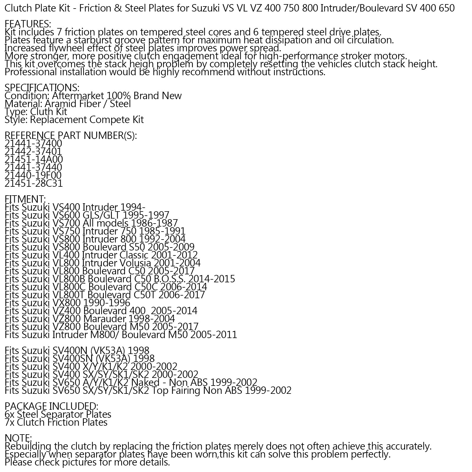 Koppelingsset staal & Wrijvingsplaten voor Suzuki VS VL VZ 400 750 800 Boulevard