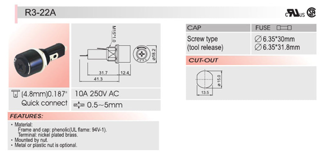 1 Uds SCI R3-22 soporte de fusible de chasis de montaje en Panel para fusibles de vidrio de 6x30mm 10A 250V