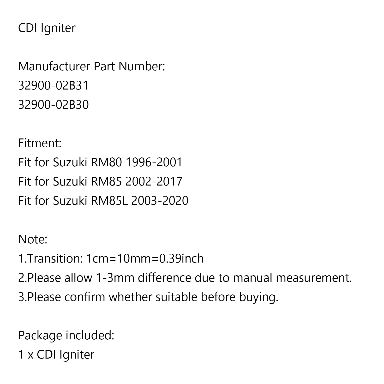 CDI Igniter pour Suzuki 32900-02B30 32900-02B31 RM80 96-01 RM85 RM85L 03-17