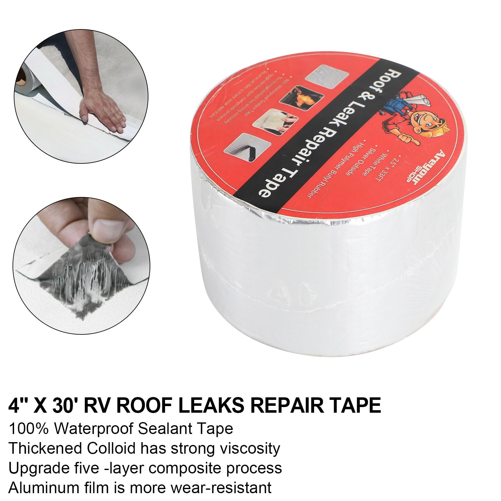 4" x 30' RV-tettetape UV-vanntett taklekkasjer reparasjonstape forsegling, klebrig sølv