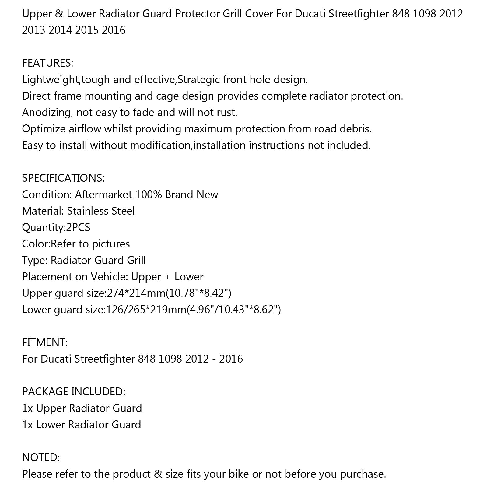 Horná & Spodný ochranný kryt chladiča čierny pre Ducati Streetfighter 848 1098 Generic