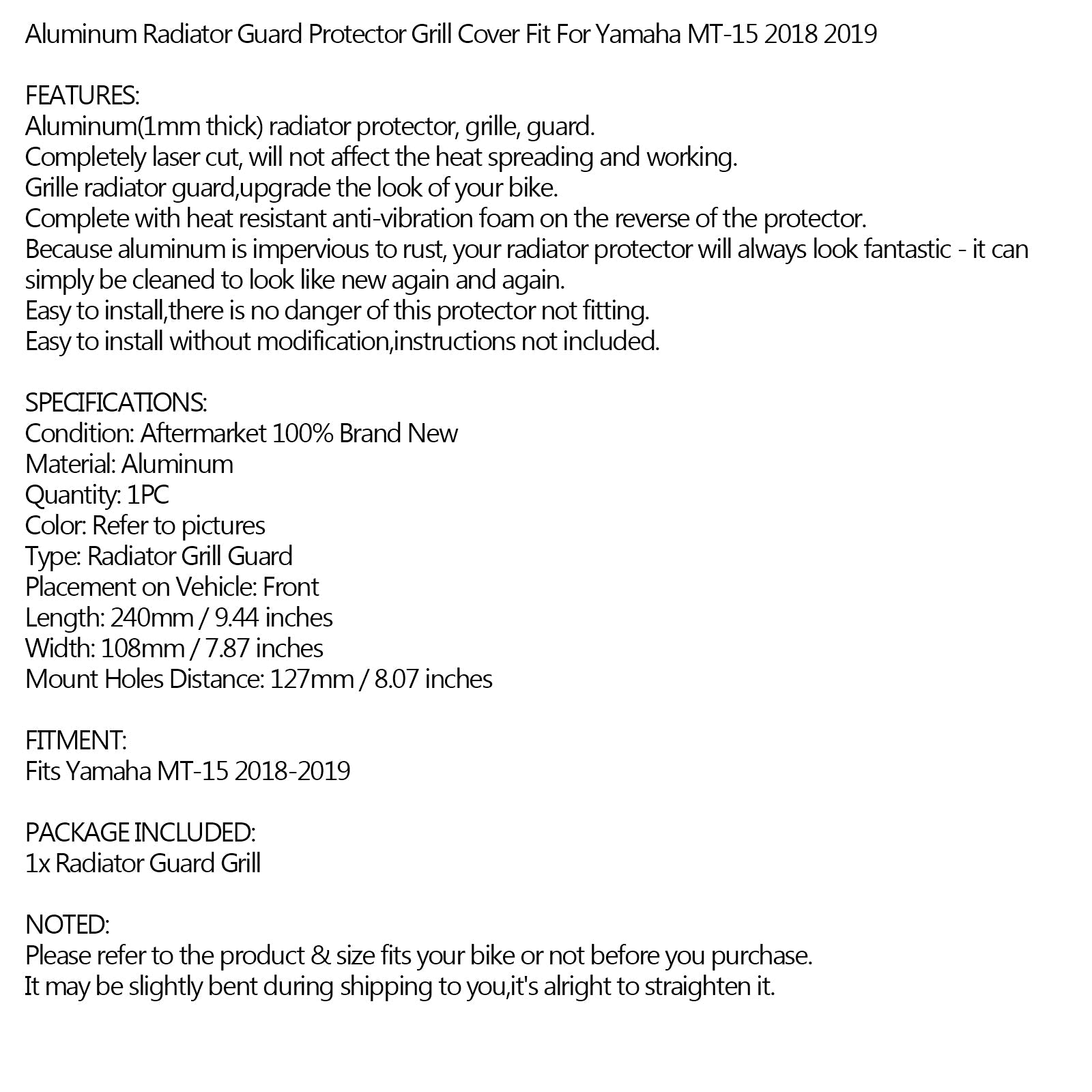 Proteção de guarda do radiador de alumínio preto para Yamaha MT-15 MT 15 2018-2019 genérico