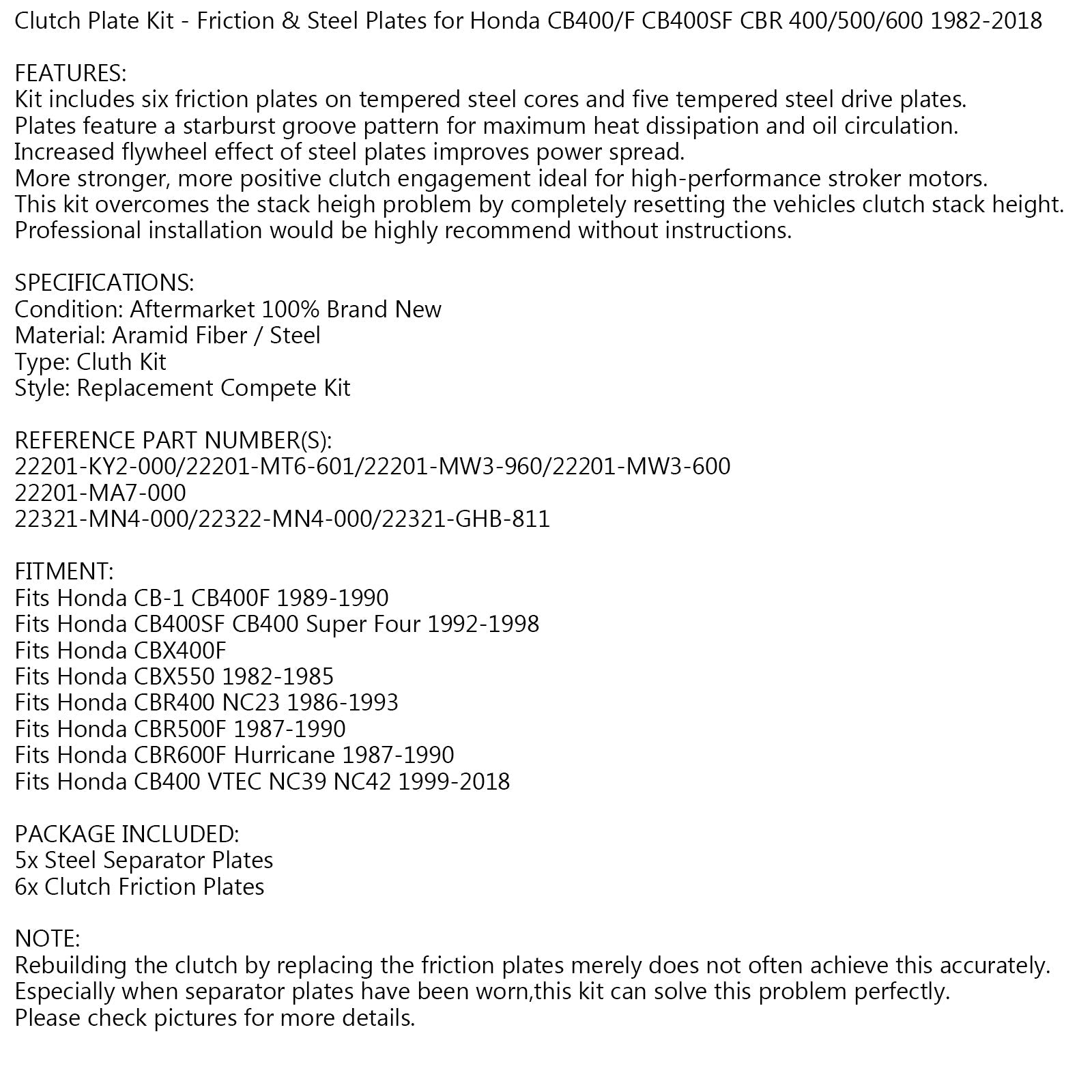 Kit de plaque d'embrayage à friction & Plaques d'acier pour Honda CB CBX CBR 400 500 600 92-18 Générique