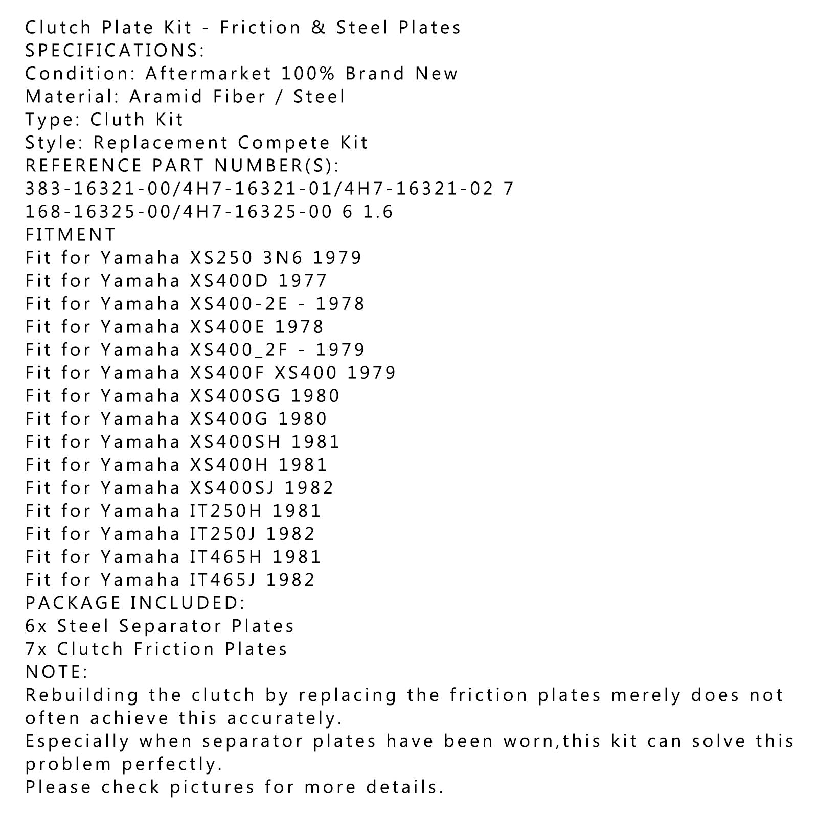 Kopplingssats stål & Friktionsplattor passar för Yamaha XS250 XS400 IT250 IT465 Generisk