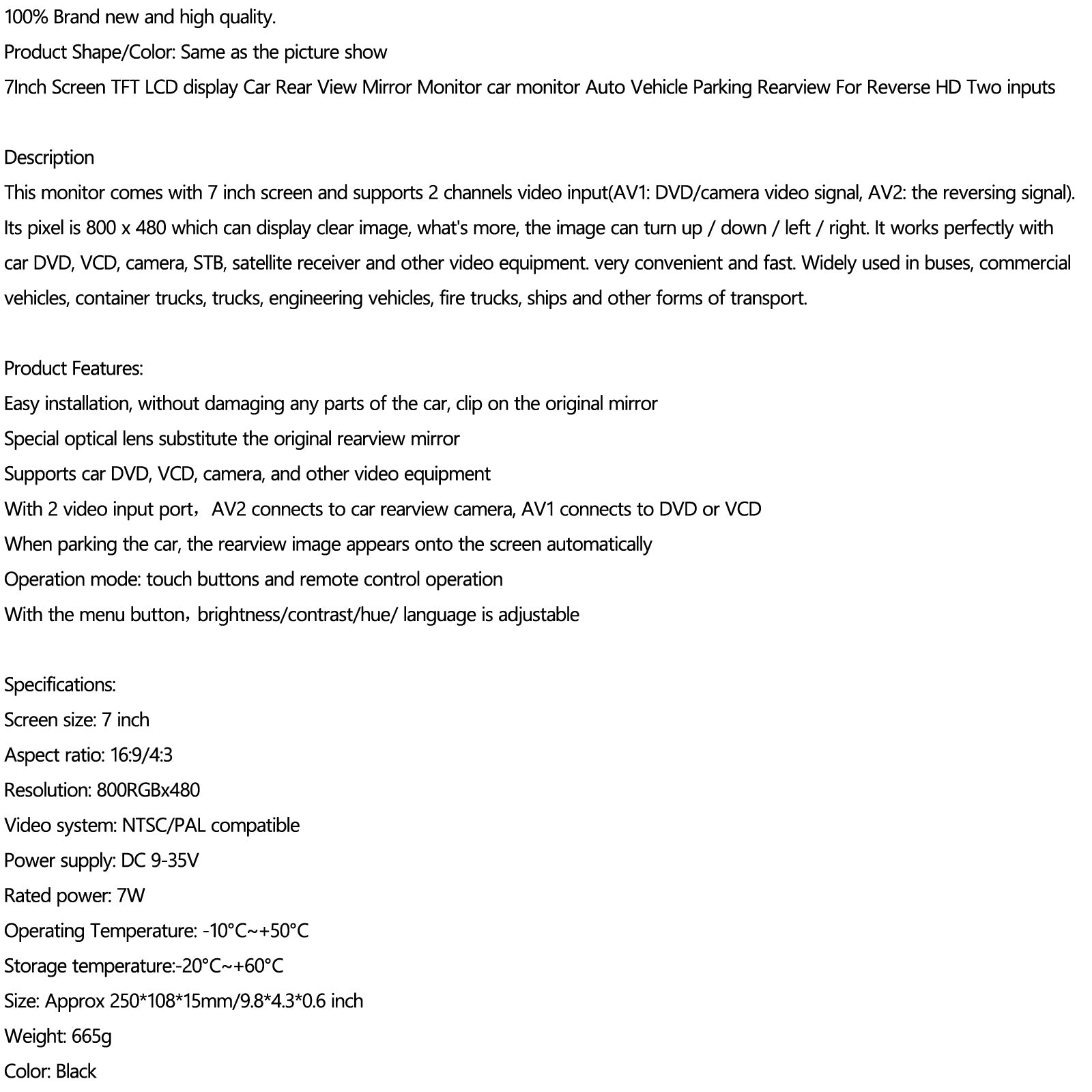 Bus Auto Achteruitrijcamera Sensoren Lens Scherm 7" LCD-achteruitkijkmonitor voor auto's