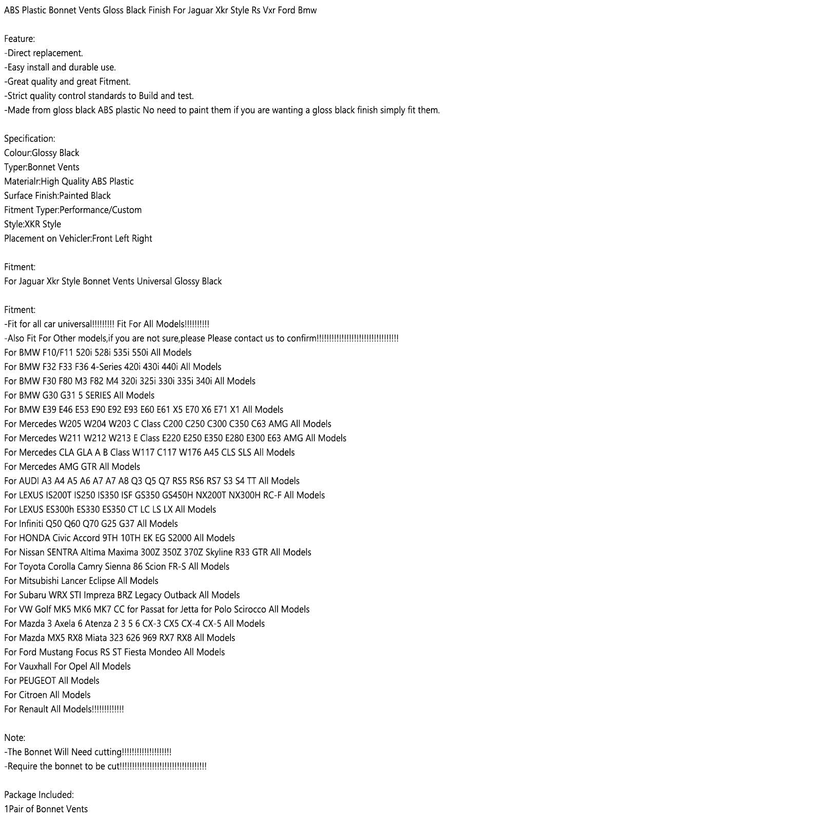 Ventilaciones de capó de plástico ABS, acabado en negro brillante para Jaguar Xkr Style Rs Vxr Ford Bmw