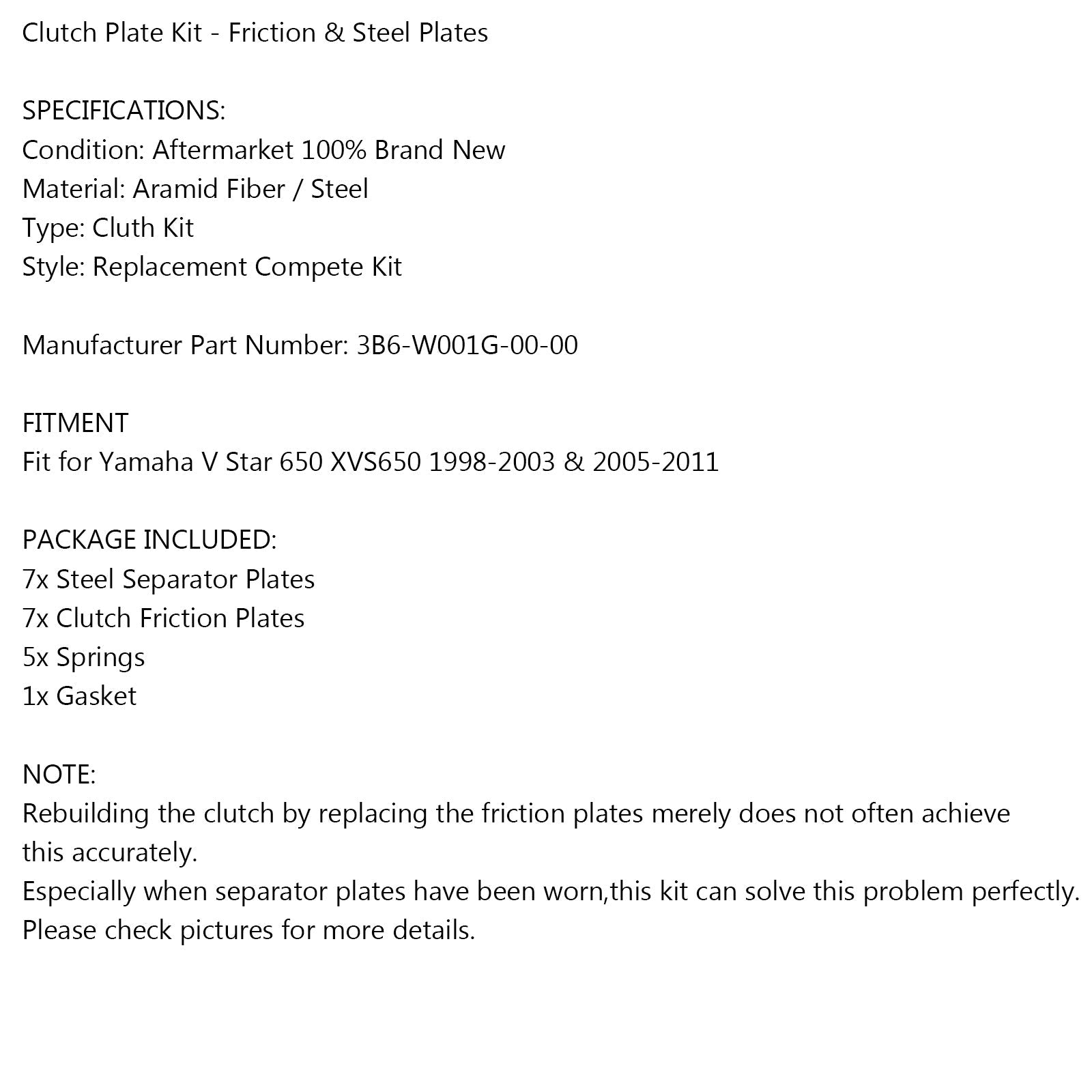 Kopplingslamell och packningssats 3B6-W001G-00-00 passar för Yamaha V Star 650 1998-2011 Generisk