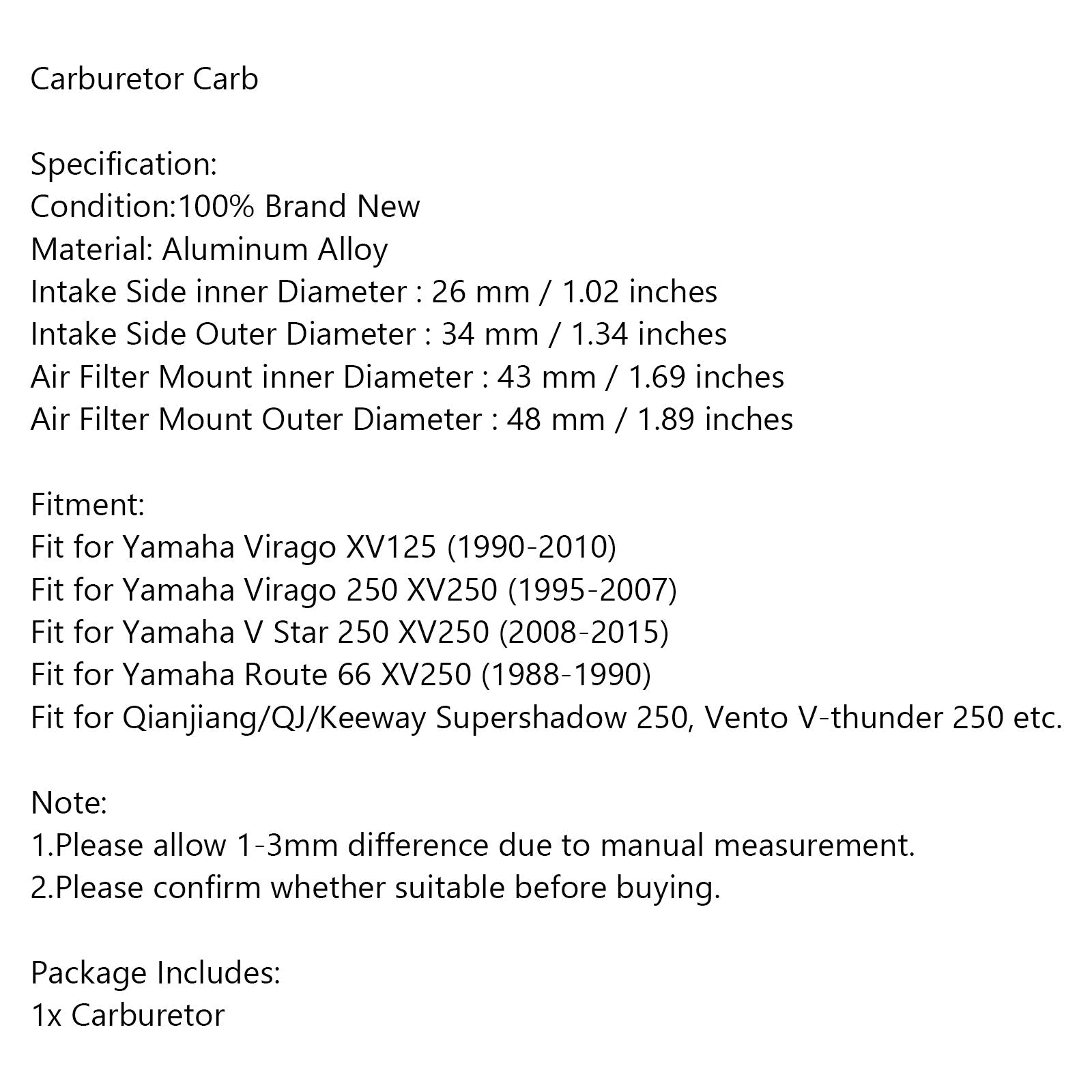 Förgasare kolhydrater för Yamaha Virago XV125 V STAR 250 VIRAGO 250 ROUTE 66 XV250 Generisk