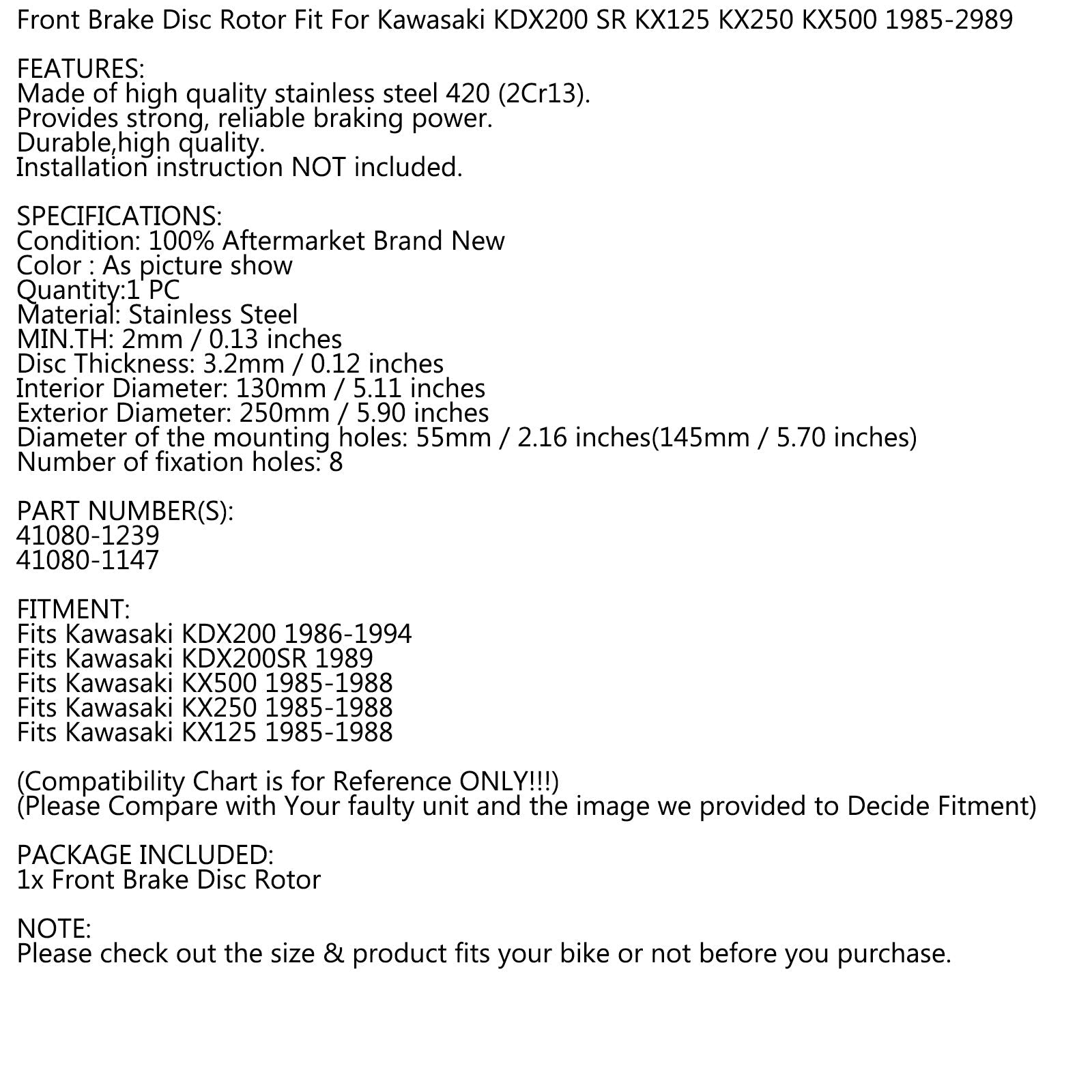 Rotor de disque de frein avant, pour Kawasaki KDX200 KDX200SR KX125 KX250 KX500 1985 – 1994 générique