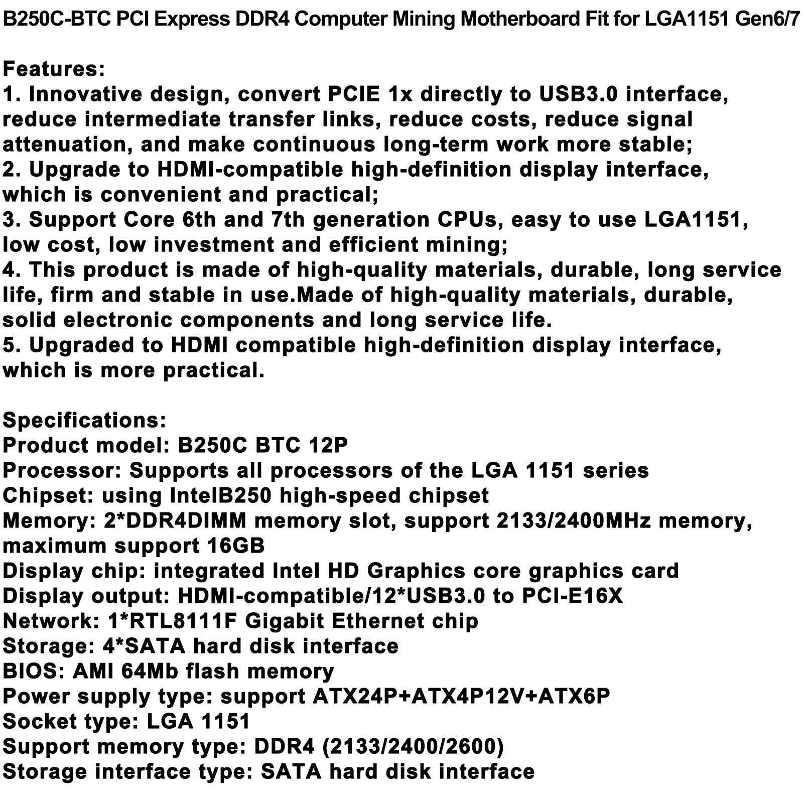 Placa base de minería de PC B250C BTC 12P PCI Express DDR4 compatible con LGA1151 Gen6/7