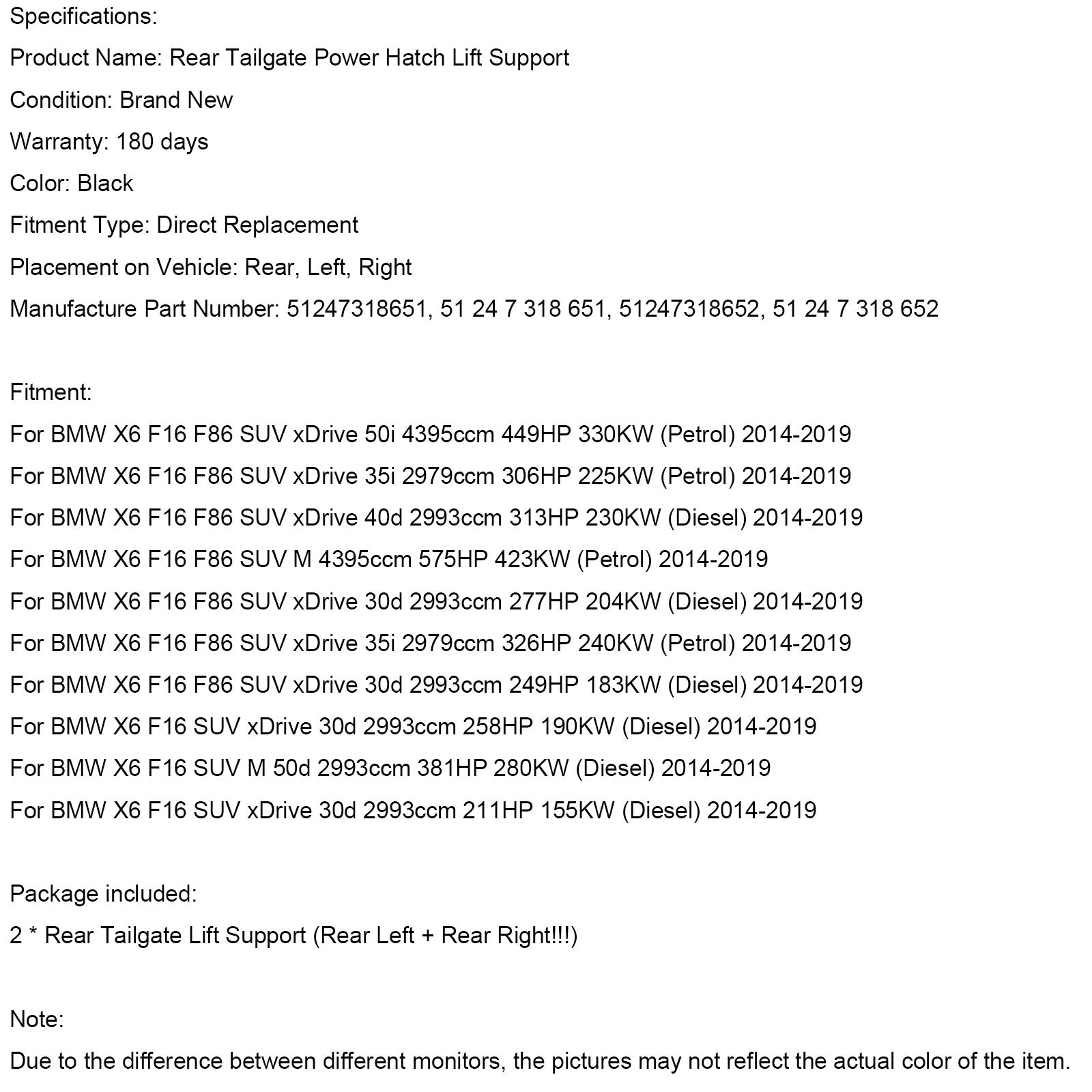 BMW X6 F16 F86 2014-2019 51247318651 2 STUKS Achterklep Power Lift Ondersteuning