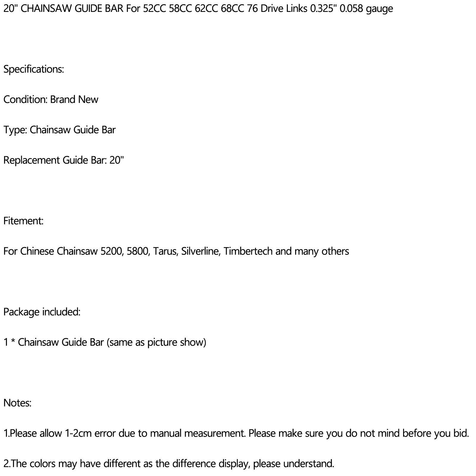 Barra de guia de 20 '' 'para 52cc 58cc 62cc 68cc 76 links de acionamento 0,325' '0,058 Beda