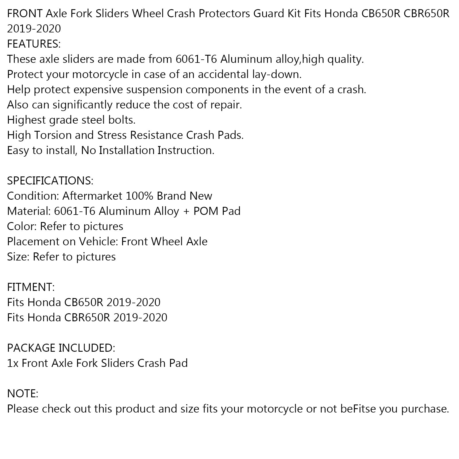 Patin de roue pour fourche d'essieu avant, pour Honda CB650R CBR650R 2019 – 2020 générique