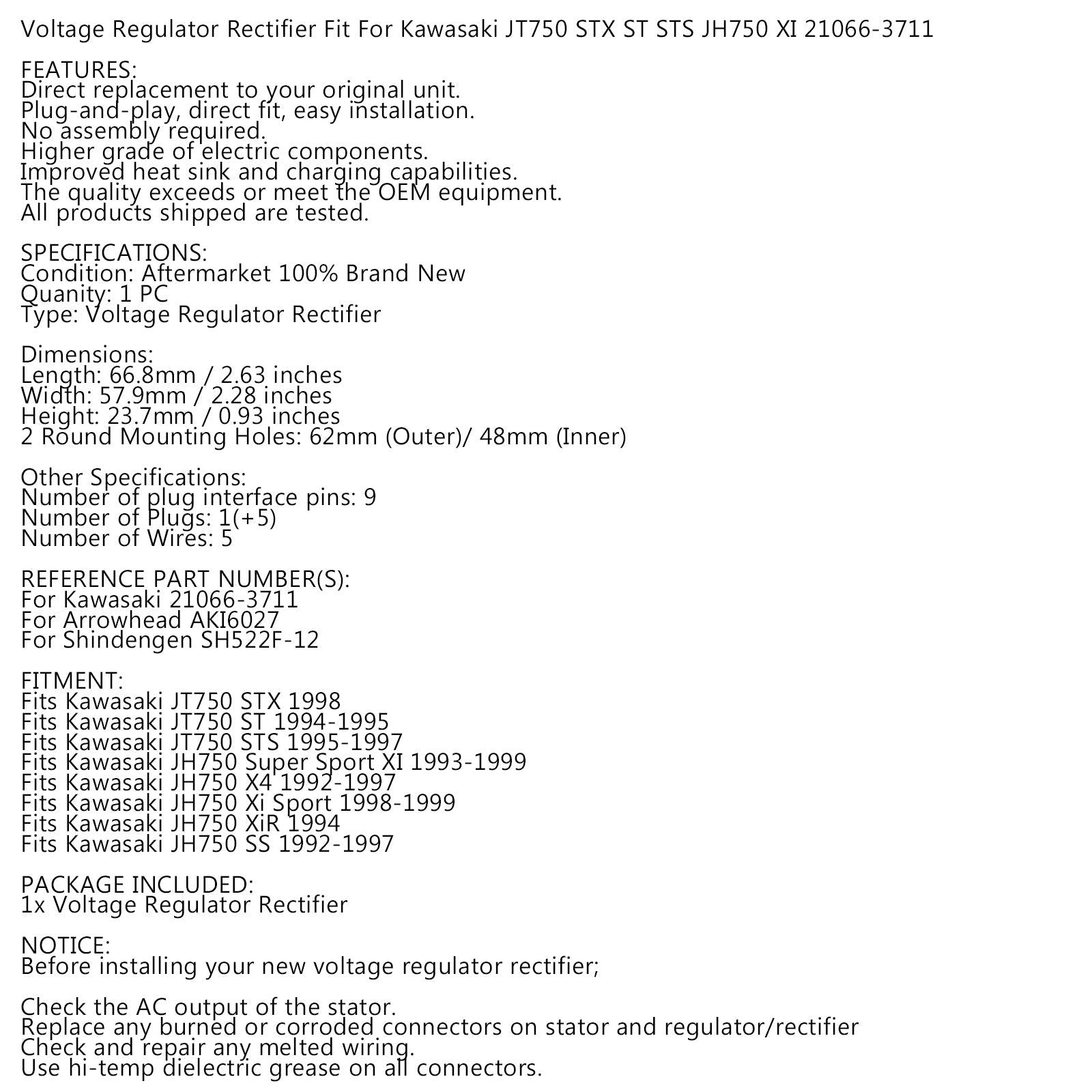 Rectifier du régulateur de tension ajustement pour Kawasaki JT JH 750 STX STS SS SS 21066-3711
