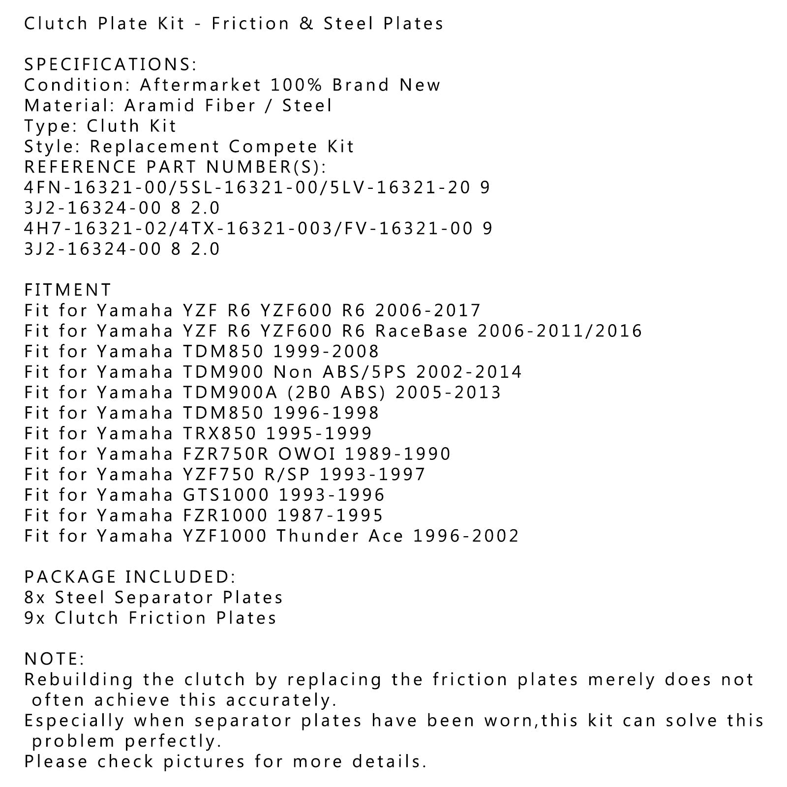 Sada spojky z ocele & Trecie dosky vhodné pre Yamaha R6 YZF600 TRX850 FZR1000 Generic
