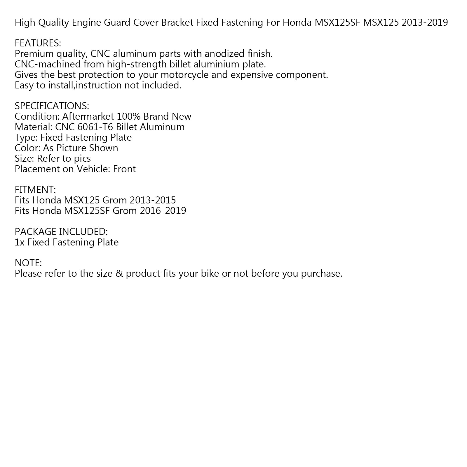 Motorvaktbrakett Fast festing for Honda MSX125 MSX125SF GROM 2013-2019 Generisk