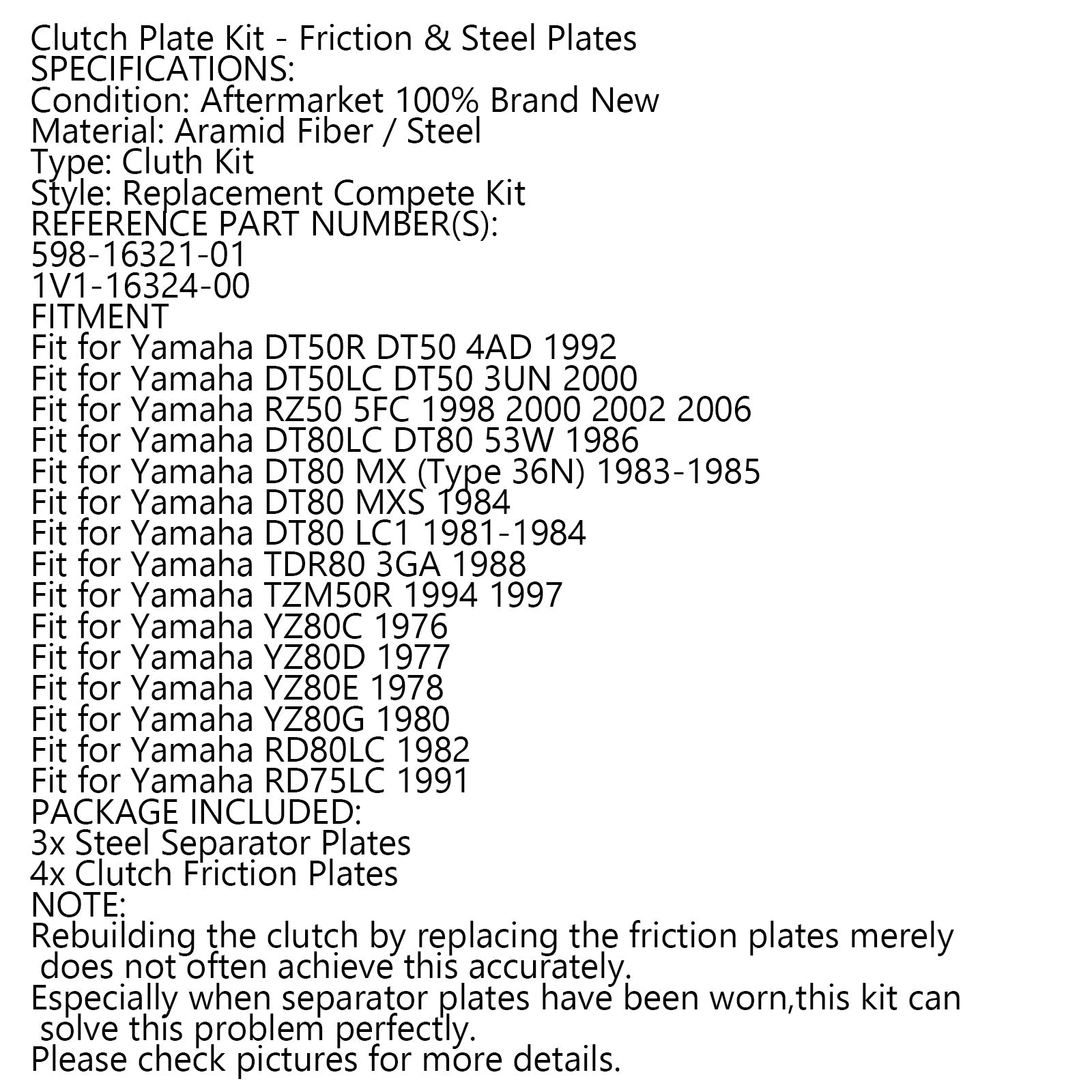 Kopplingssats stål & Friktionsplattor passar för Yamaha DT50 RZ50 DT80 TDR80 YZ80 Generisk